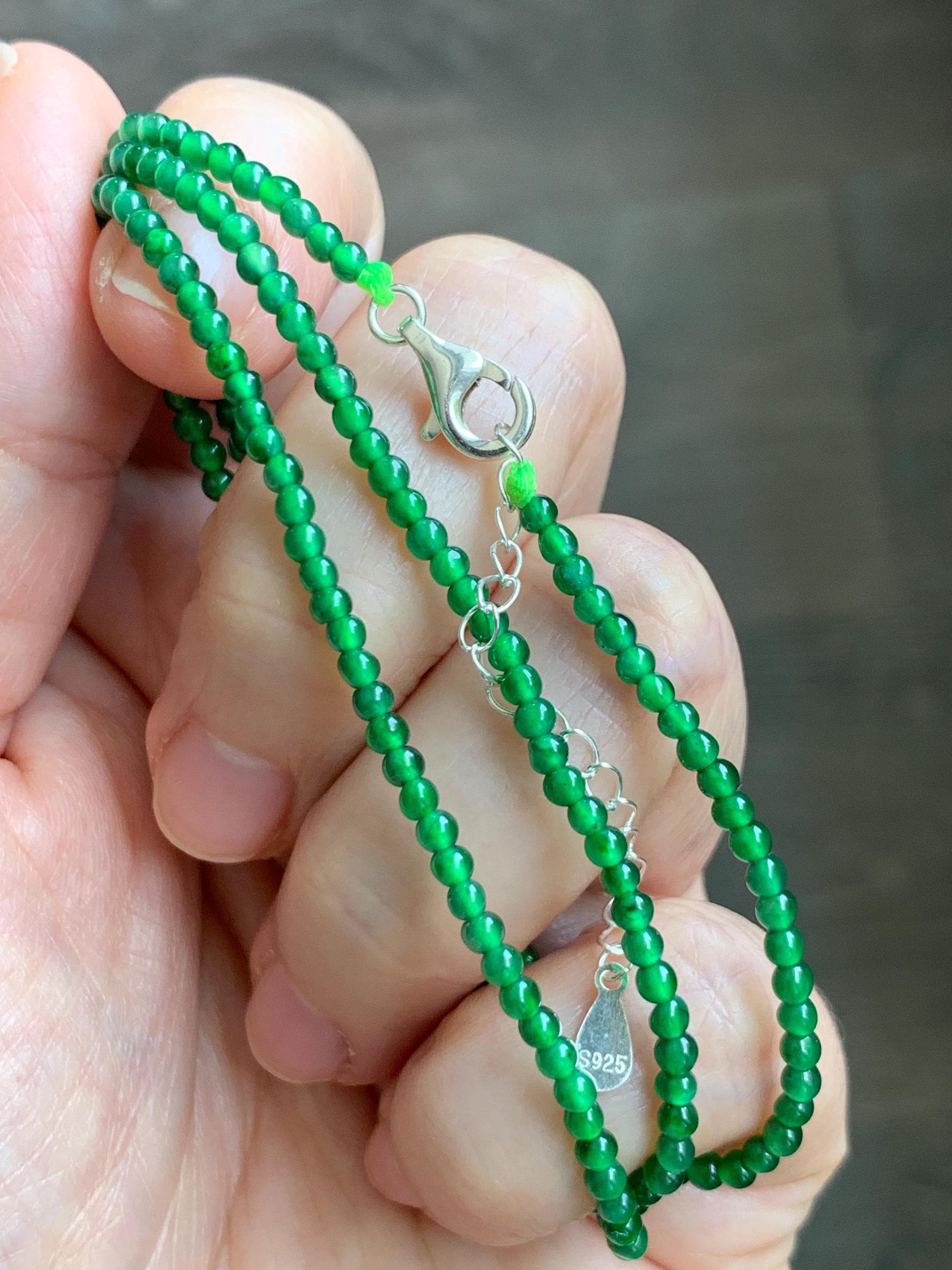 Certified Natural Grade A Guatemalan Icy Vibrant Green Jade Jadeite Petite Beaded Necklace Sterling Silver 2.5-2.7mm 6.75g 天然冰危绿翡翠小圆珠项链 469