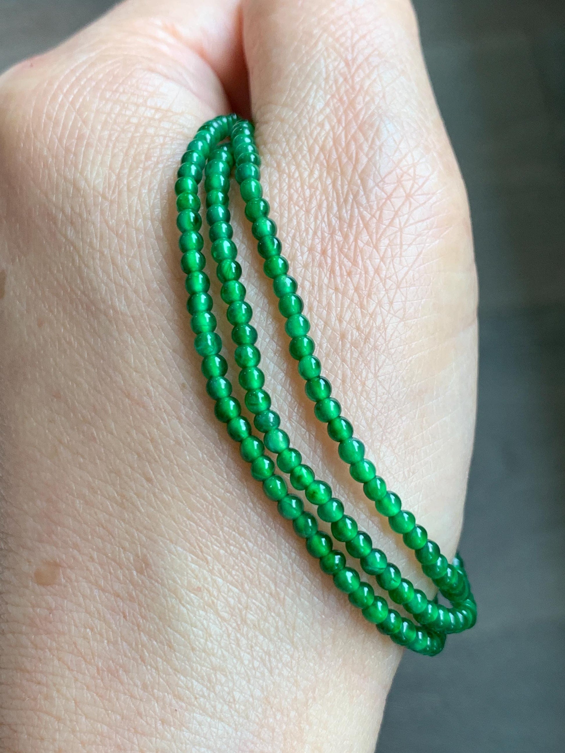Certified Natural Grade A Guatemalan Icy Vibrant Green Jade Jadeite Petite Beaded Necklace Sterling Silver 2.5-2.7mm 6.75g 天然冰危绿翡翠小圆珠项链 469