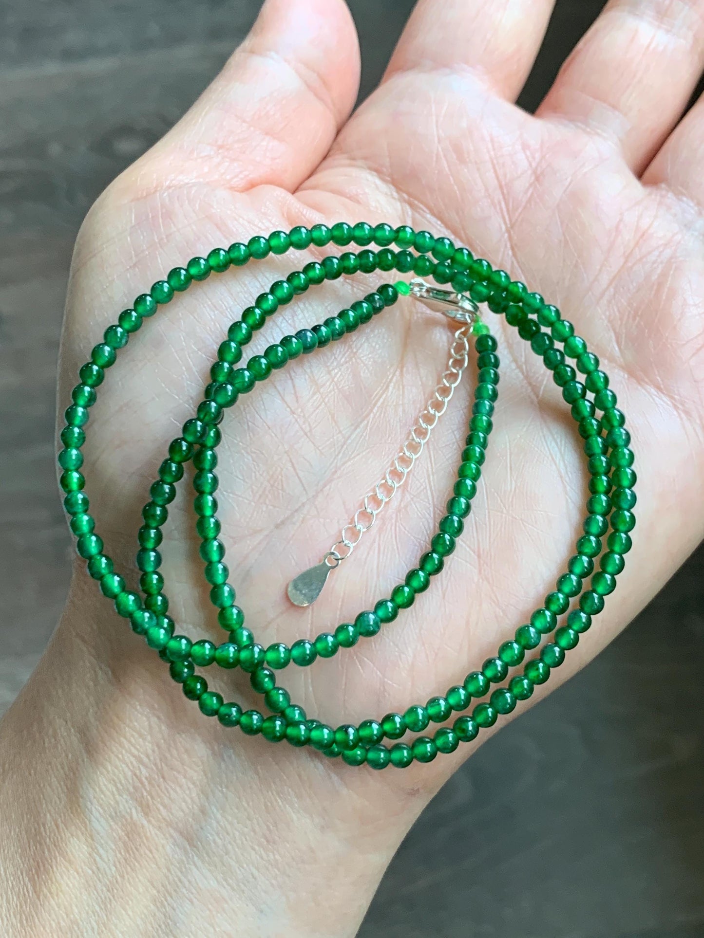 Certified Natural Grade A Guatemalan Icy Vibrant Green Jade Jadeite Petite Beaded Necklace Sterling Silver 3-3.2mm 9.59g 天然冰危绿翡翠小圆珠项链 464