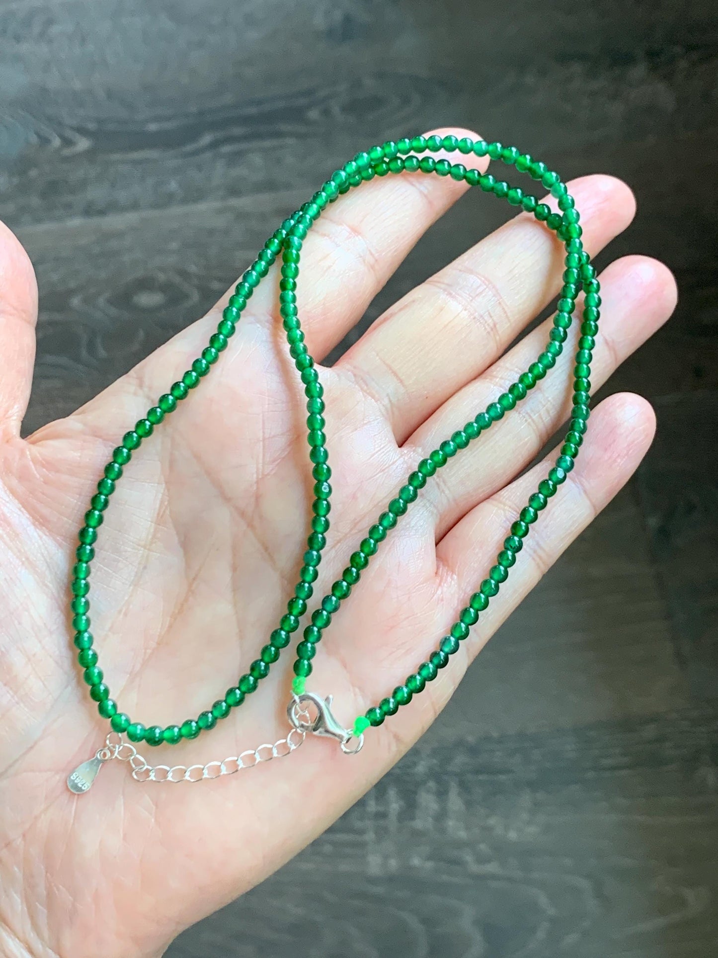 Certified Natural Grade A Guatemalan Icy Vibrant Green Jade Jadeite Petite Beaded Necklace Sterling Silver 3-3.2mm 9.59g 天然冰危绿翡翠小圆珠项链 464