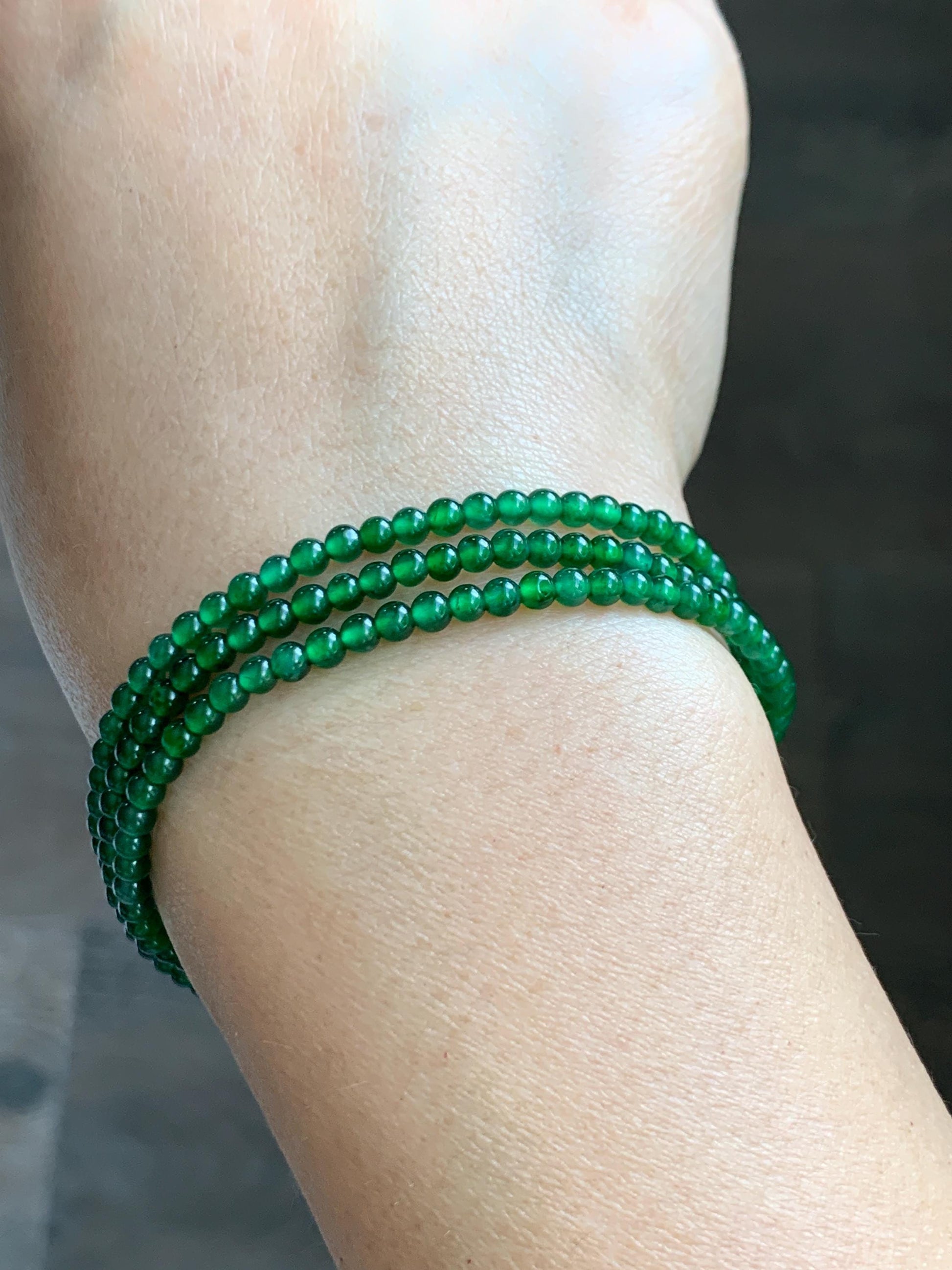 Certified Natural Grade A Guatemalan Icy Vibrant Green Jade Jadeite Petite Beaded Necklace Sterling Silver 3-3.2mm 9.59g 天然冰危绿翡翠小圆珠项链 464