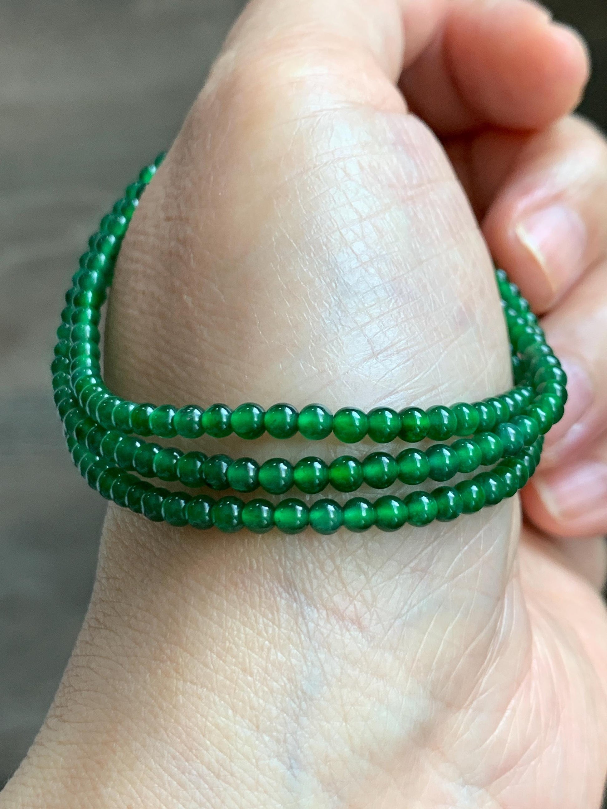 Certified Natural Grade A Guatemalan Icy Vibrant Green Jade Jadeite Petite Beaded Necklace Sterling Silver 3-3.2mm 9.59g 天然冰危绿翡翠小圆珠项链 464