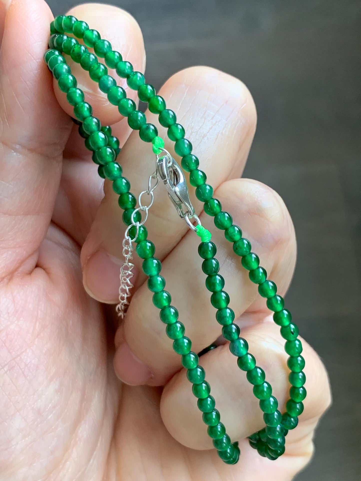 Certified Natural Grade A Guatemalan Icy Vibrant Green Jade Jadeite Petite Beaded Necklace Sterling Silver 3-3.2mm 9.59g 天然冰危绿翡翠小圆珠项链 464