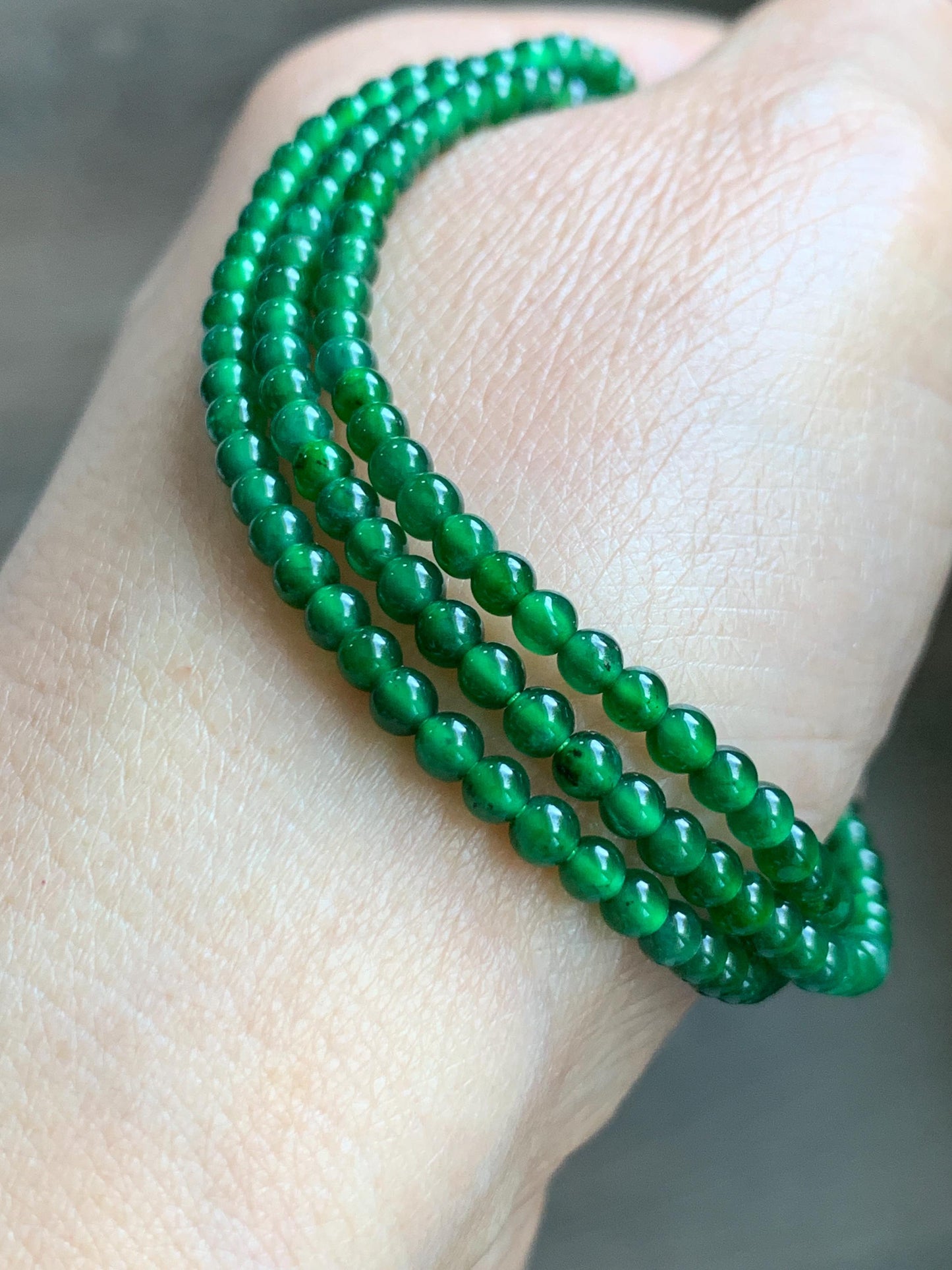 Certified Natural Grade A Guatemalan Icy Vibrant Green Jade Jadeite Petite Beaded Necklace Sterling Silver 3-3.2mm 9.59g 天然冰危绿翡翠小圆珠项链 464