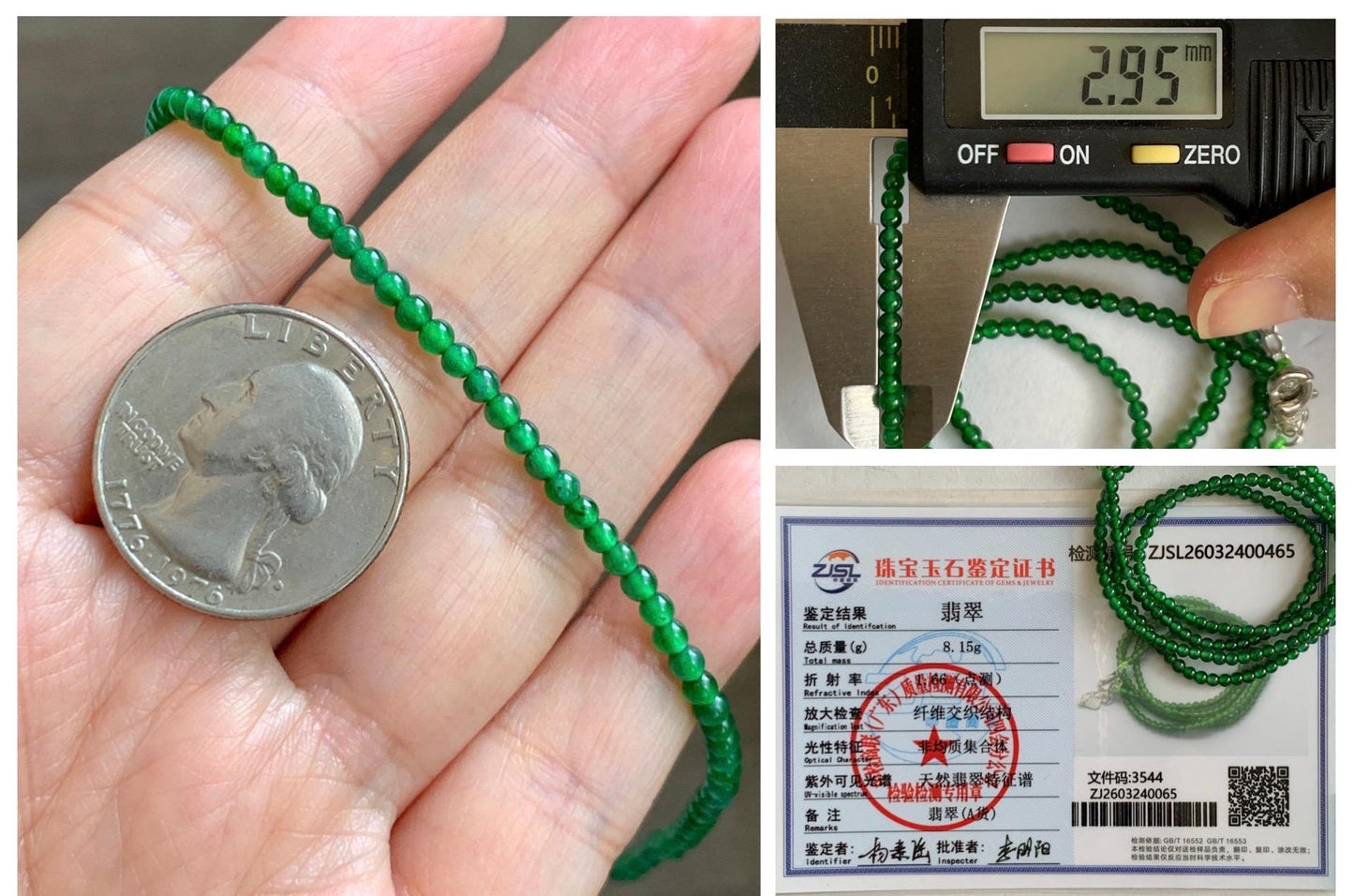 Certified Natural Grade A Guatemalan Icy Vibrant Green Jade Jadeite Petite Beaded Necklace Sterling Silver 2.8-3mm 8.15g 天然冰危绿翡翠小圆珠项链 465
