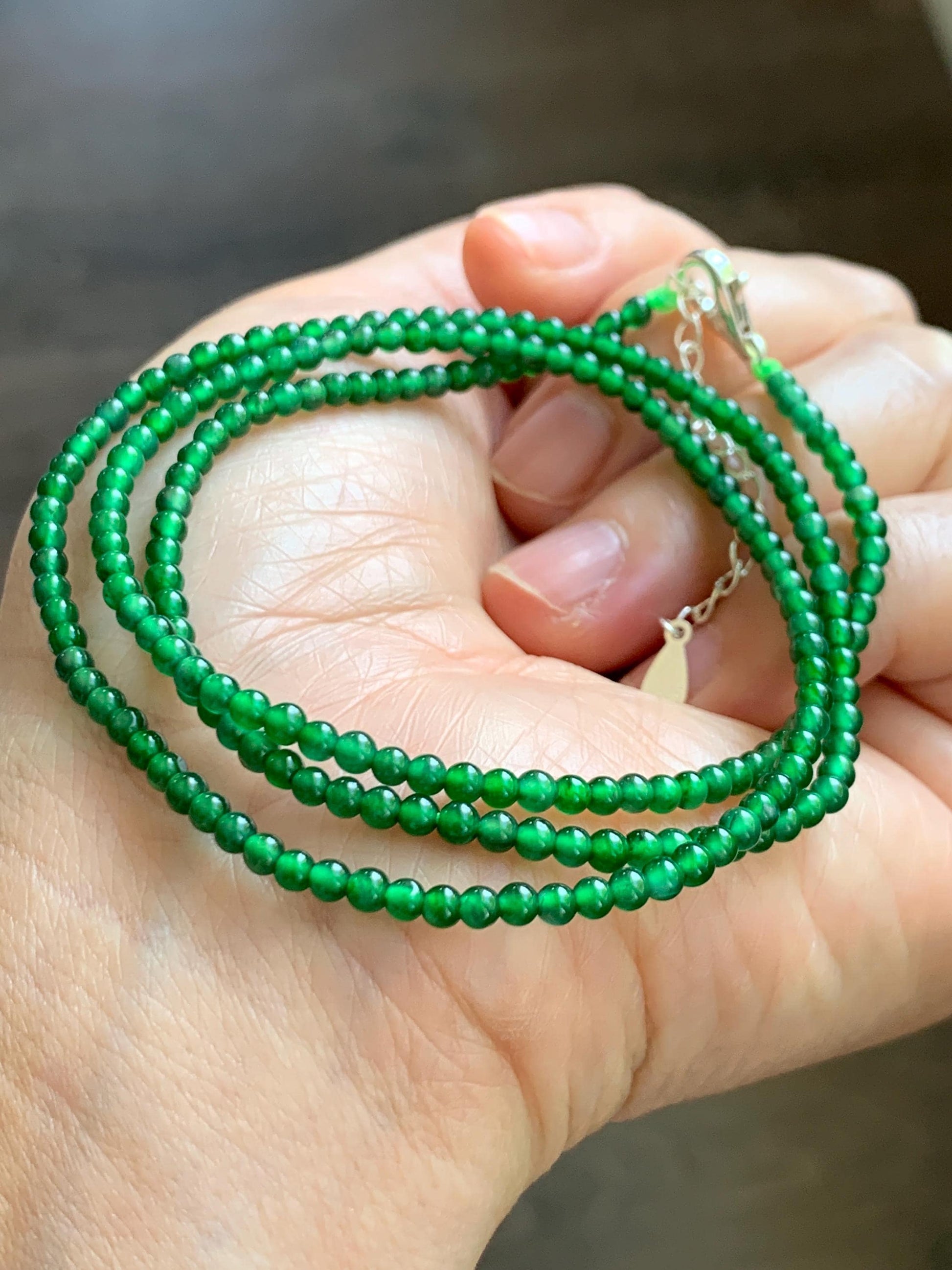 Certified Natural Grade A Guatemalan Icy Vibrant Green Jade Jadeite Petite Beaded Necklace Sterling Silver 2.8-3mm 8.15g 天然冰危绿翡翠小圆珠项链 465