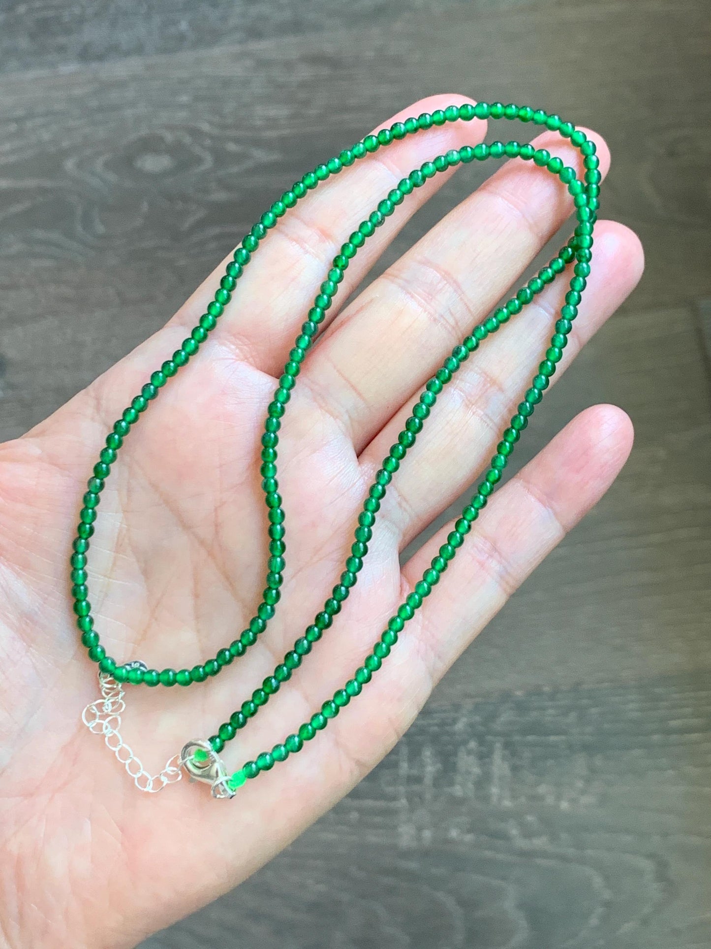 Certified Natural Grade A Guatemalan Icy Vibrant Green Jade Jadeite Petite Beaded Necklace Sterling Silver 2.8-3mm 8.15g 天然冰危绿翡翠小圆珠项链 465