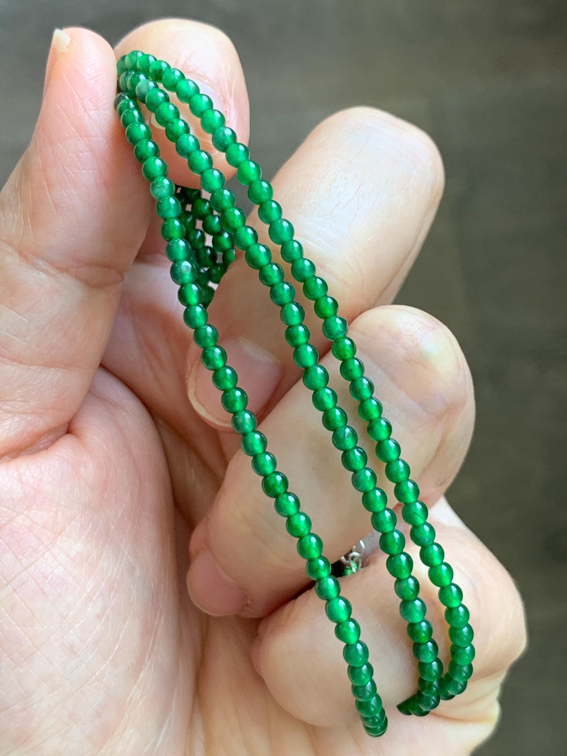 Certified Natural Grade A Guatemalan Icy Vibrant Green Jade Jadeite Petite Beaded Necklace Sterling Silver 2.8-3mm 8.15g 天然冰危绿翡翠小圆珠项链 465
