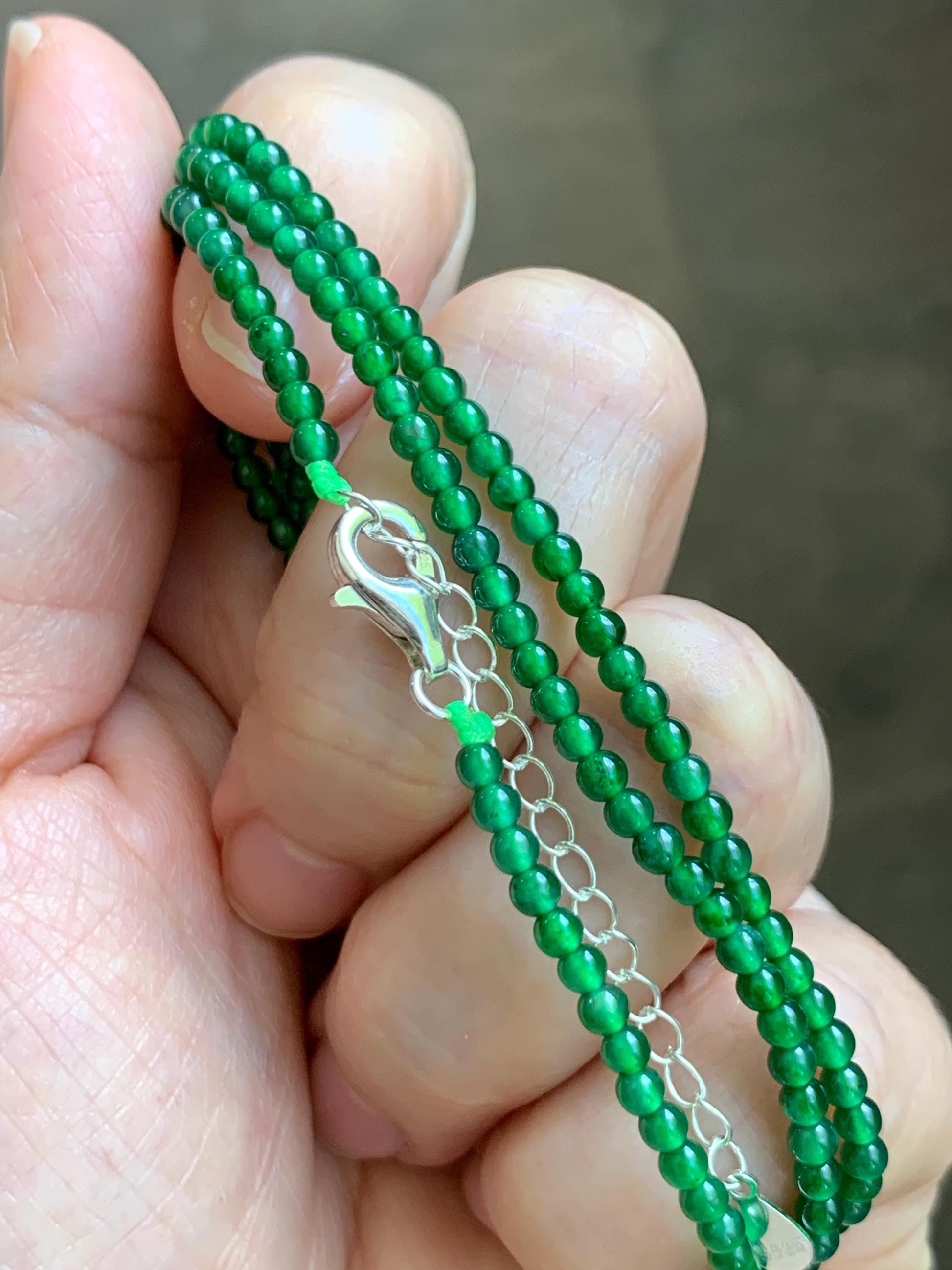 Certified Natural Grade A Guatemalan Icy Vibrant Green Jade Jadeite Petite Beaded Necklace Sterling Silver 2.8-3mm 8.15g 天然冰危绿翡翠小圆珠项链 465