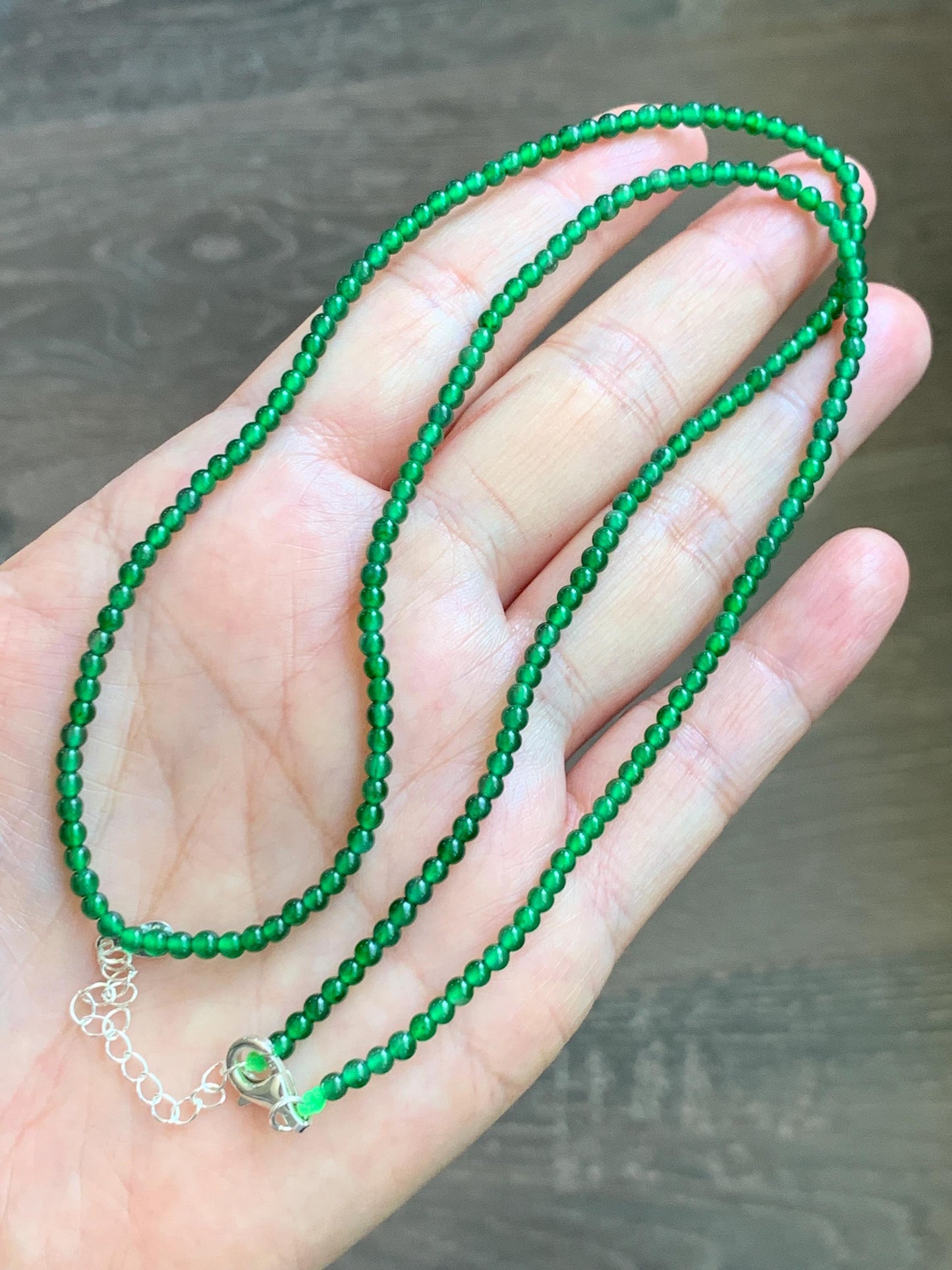Certified Natural Grade A Guatemalan Icy Vibrant Green Jade Jadeite Petite Beaded Necklace Sterling Silver 2.8-3mm 8.15g 天然冰危绿翡翠小圆珠项链 465