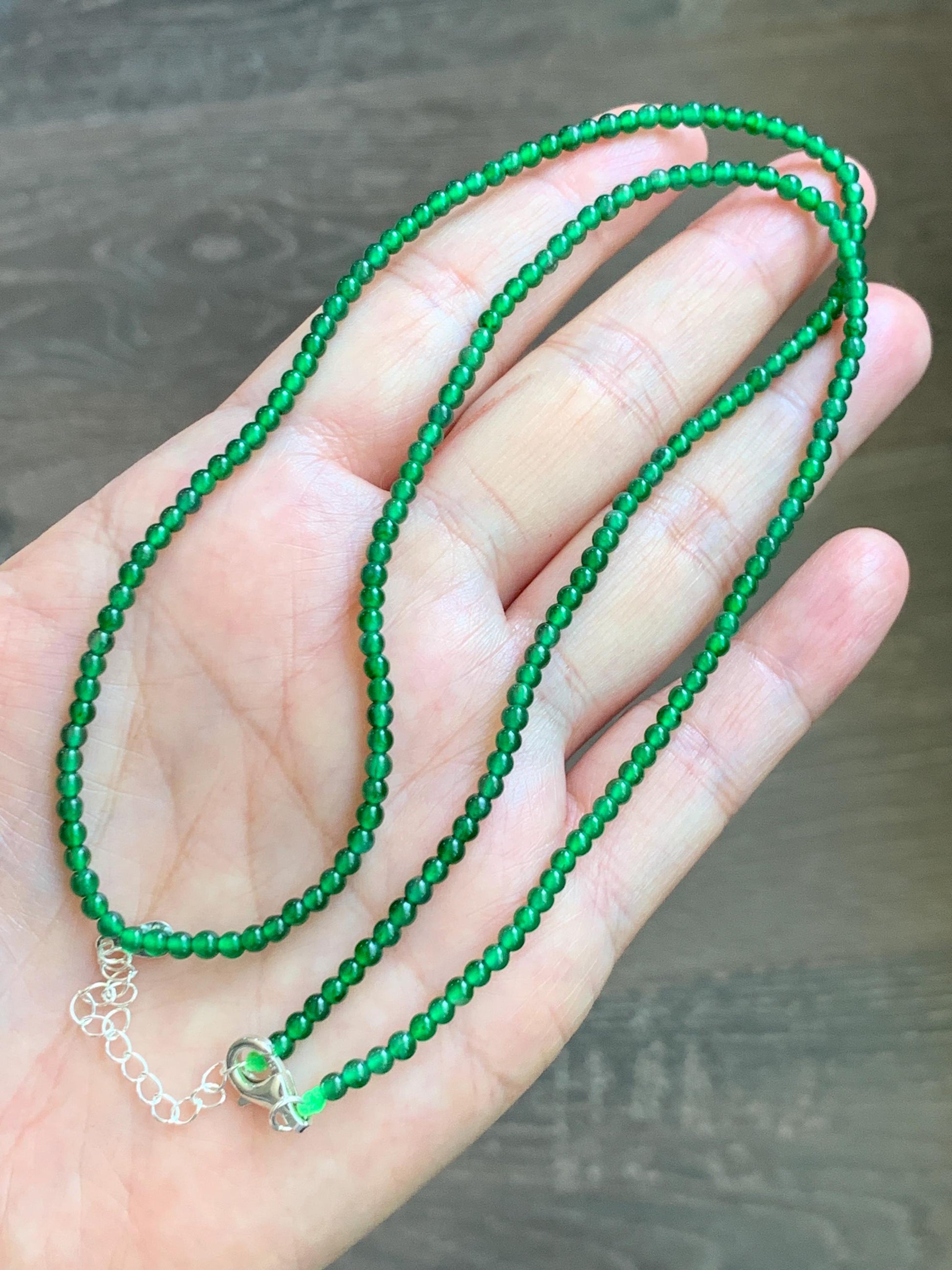 Certified Natural Grade A Guatemalan Icy Vibrant Green Jade Jadeite Petite Beaded Necklace Sterling Silver 2.8-3mm 8.15g 天然冰危绿翡翠小圆珠项链 465
