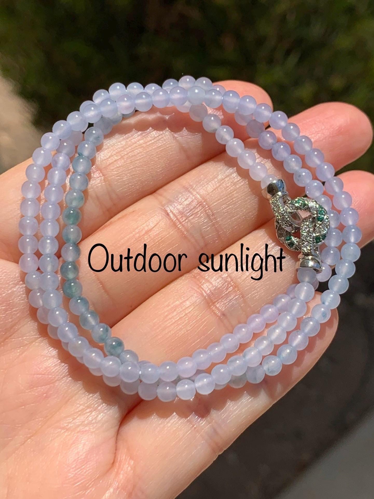 Certified Grade A Natural Icy Translucent Pastel Purple Teal Green Marbled Jade Jadeite Petite Beaded Necklace 3.5mm 19.75” 天然冰胶浅紫翡翠圆珠项链 468