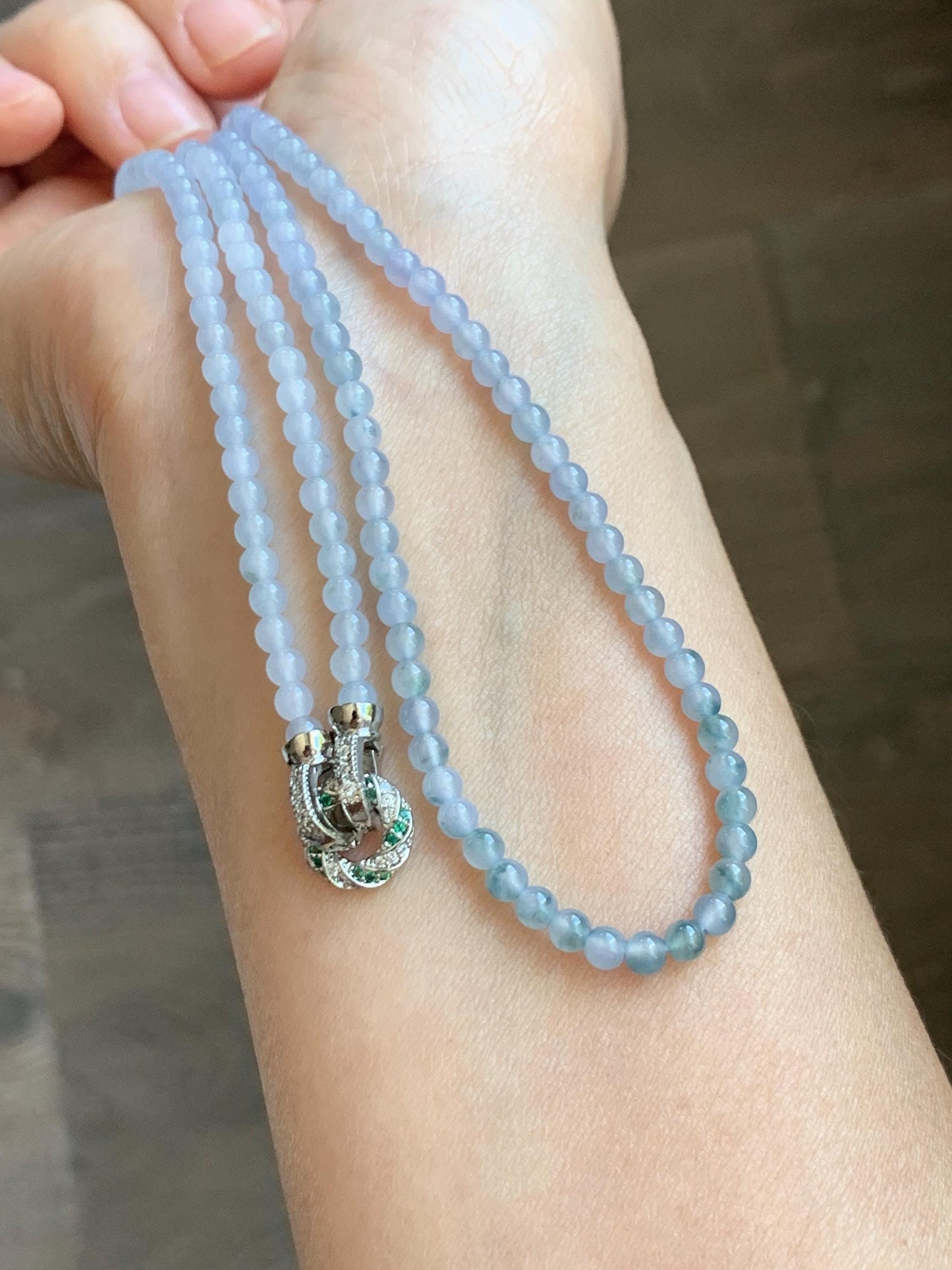 Certified Grade A Natural Icy Translucent Pastel Purple Teal Green Marbled Jade Jadeite Petite Beaded Necklace 3.5mm 19.75” 天然冰胶浅紫翡翠圆珠项链 468