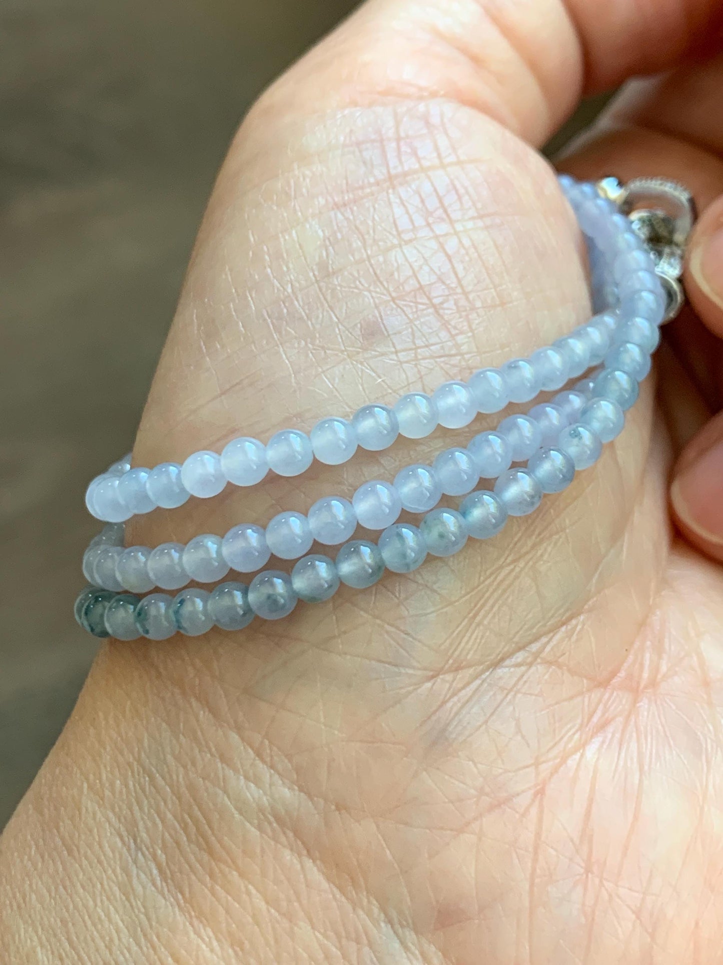 Certified Grade A Natural Icy Translucent Pastel Purple Teal Green Marbled Jade Jadeite Petite Beaded Necklace 3.5mm 19.75” 天然冰胶浅紫翡翠圆珠项链 468