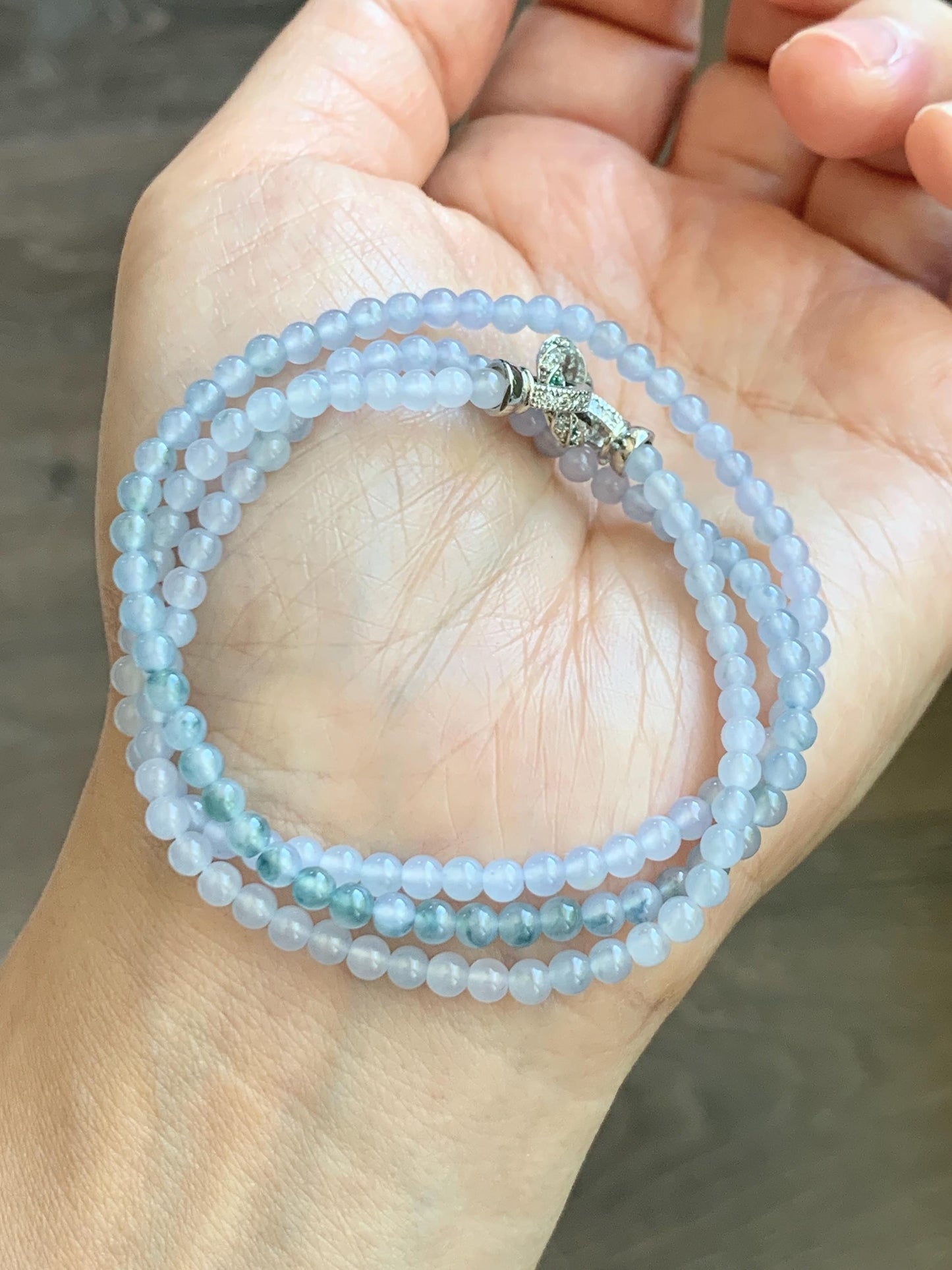 Certified Grade A Natural Icy Translucent Pastel Purple Teal Green Marbled Jade Jadeite Petite Beaded Necklace 3.5mm 19.75” 天然冰胶浅紫翡翠圆珠项链 468