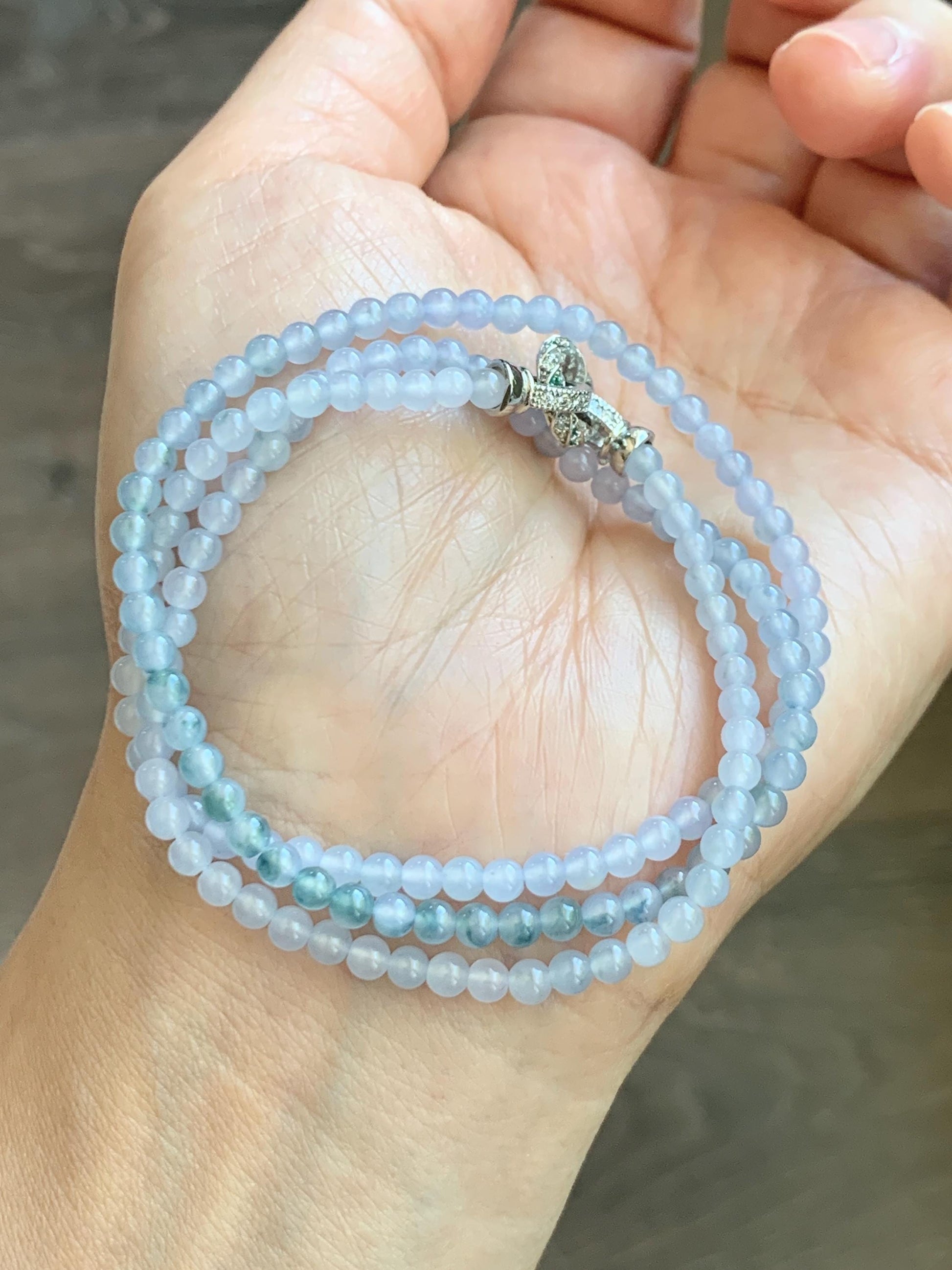 Certified Grade A Natural Icy Translucent Pastel Purple Teal Green Marbled Jade Jadeite Petite Beaded Necklace 3.5mm 19.75” 天然冰胶浅紫翡翠圆珠项链 468
