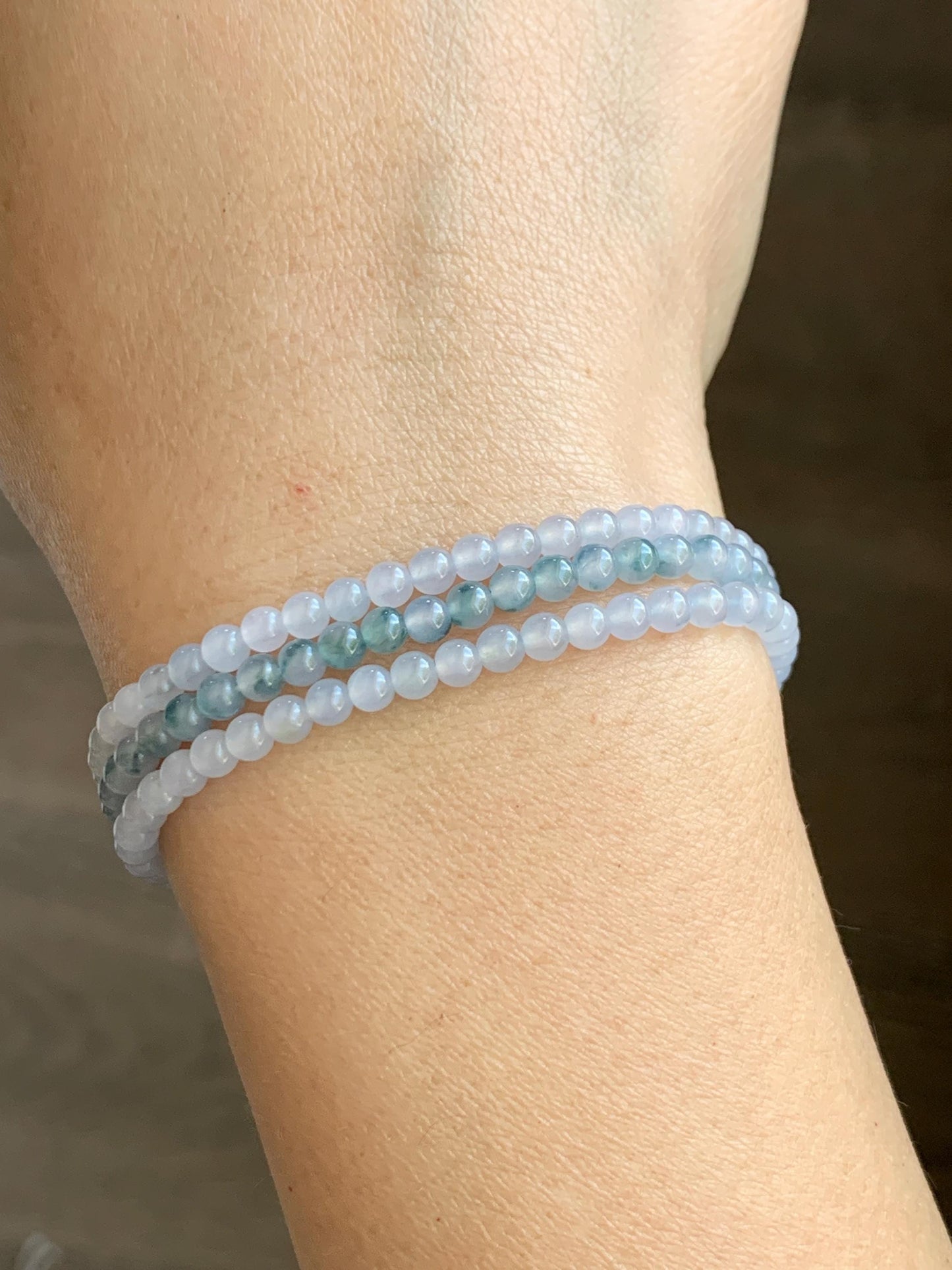 Certified Grade A Natural Icy Translucent Pastel Purple Teal Green Marbled Jade Jadeite Petite Beaded Necklace 3.5mm 19.75” 天然冰胶浅紫翡翠圆珠项链 468