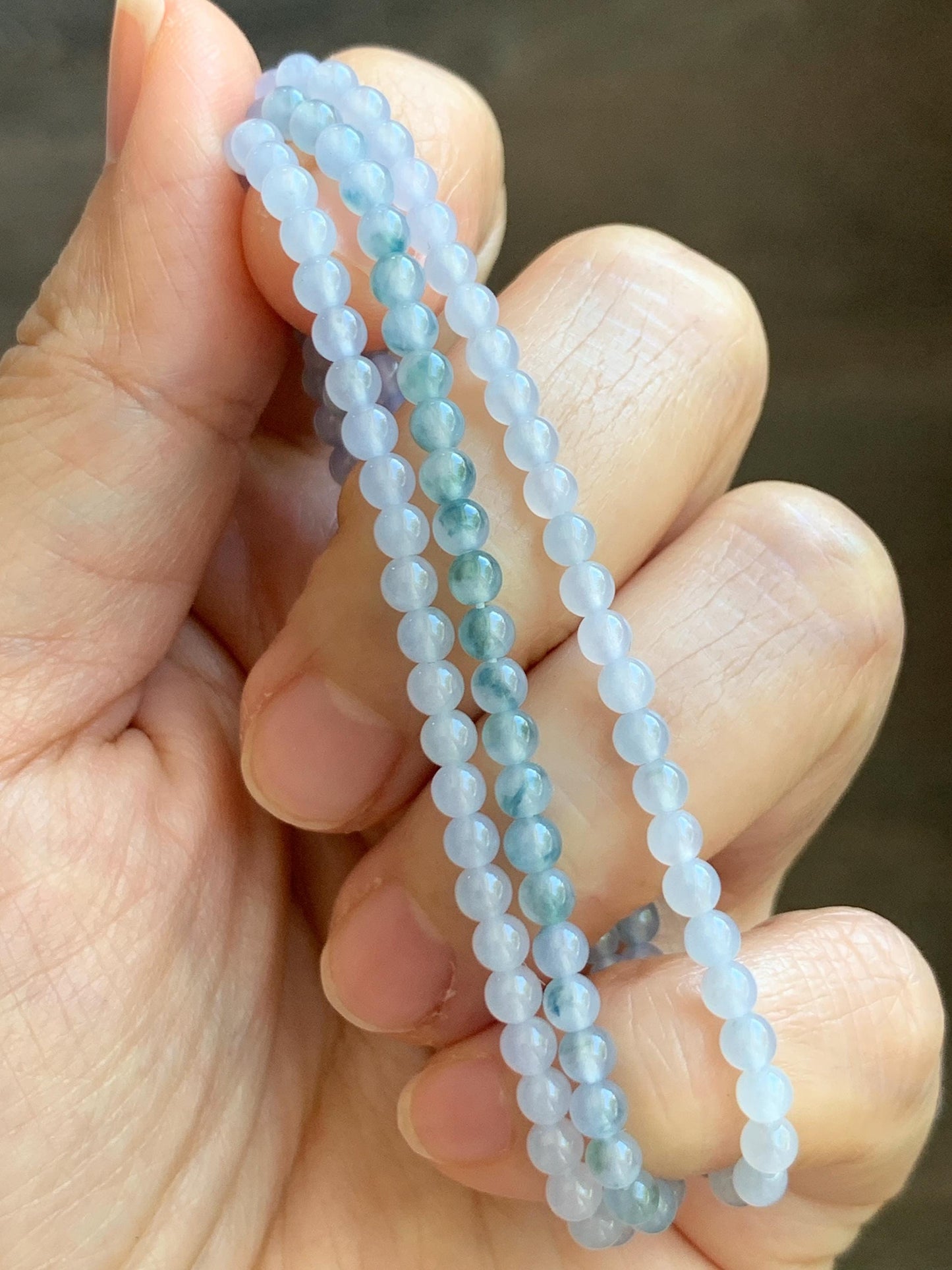 Certified Grade A Natural Icy Translucent Pastel Purple Teal Green Marbled Jade Jadeite Petite Beaded Necklace 3.5mm 19.75” 天然冰胶浅紫翡翠圆珠项链 468