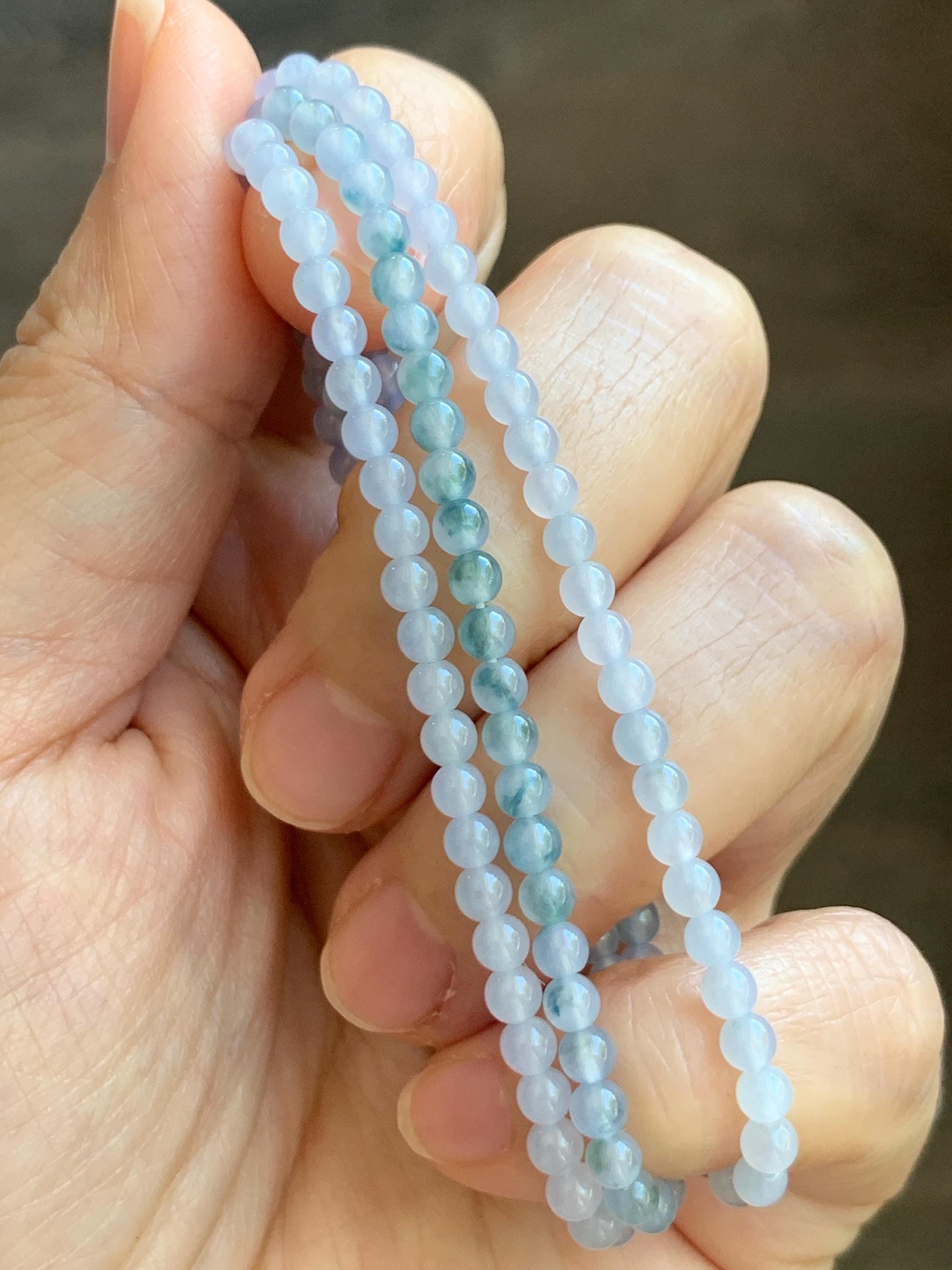Certified Grade A Natural Icy Translucent Pastel Purple Teal Green Marbled Jade Jadeite Petite Beaded Necklace 3.5mm 19.75” 天然冰胶浅紫翡翠圆珠项链 468