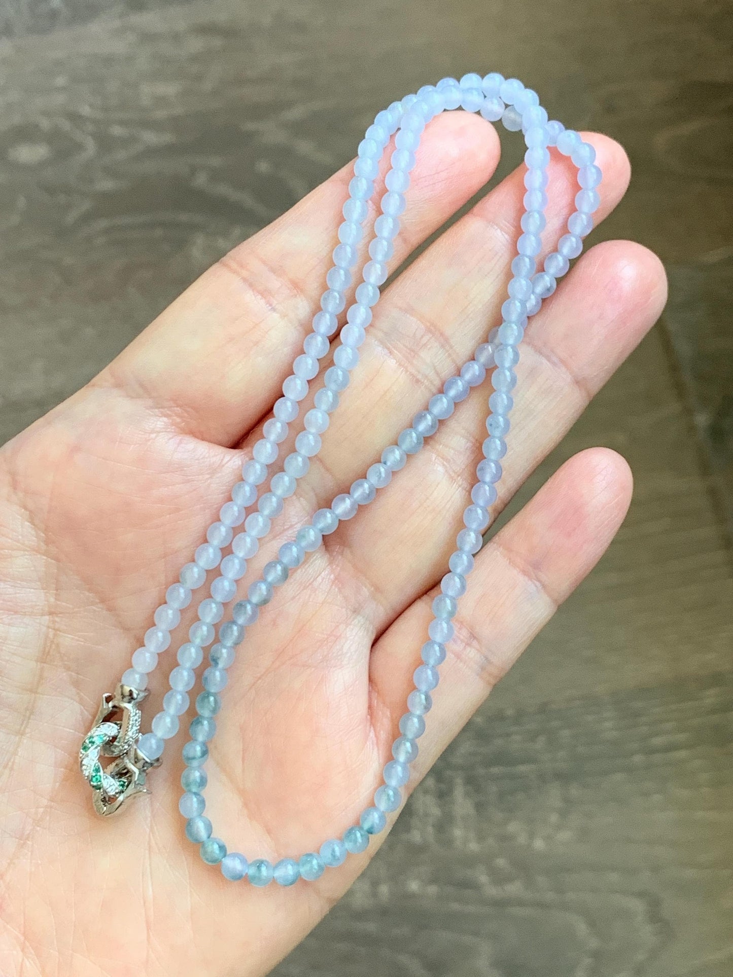 Certified Grade A Natural Icy Translucent Pastel Purple Teal Green Marbled Jade Jadeite Petite Beaded Necklace 3.5mm 19.75” 天然冰胶浅紫翡翠圆珠项链 468