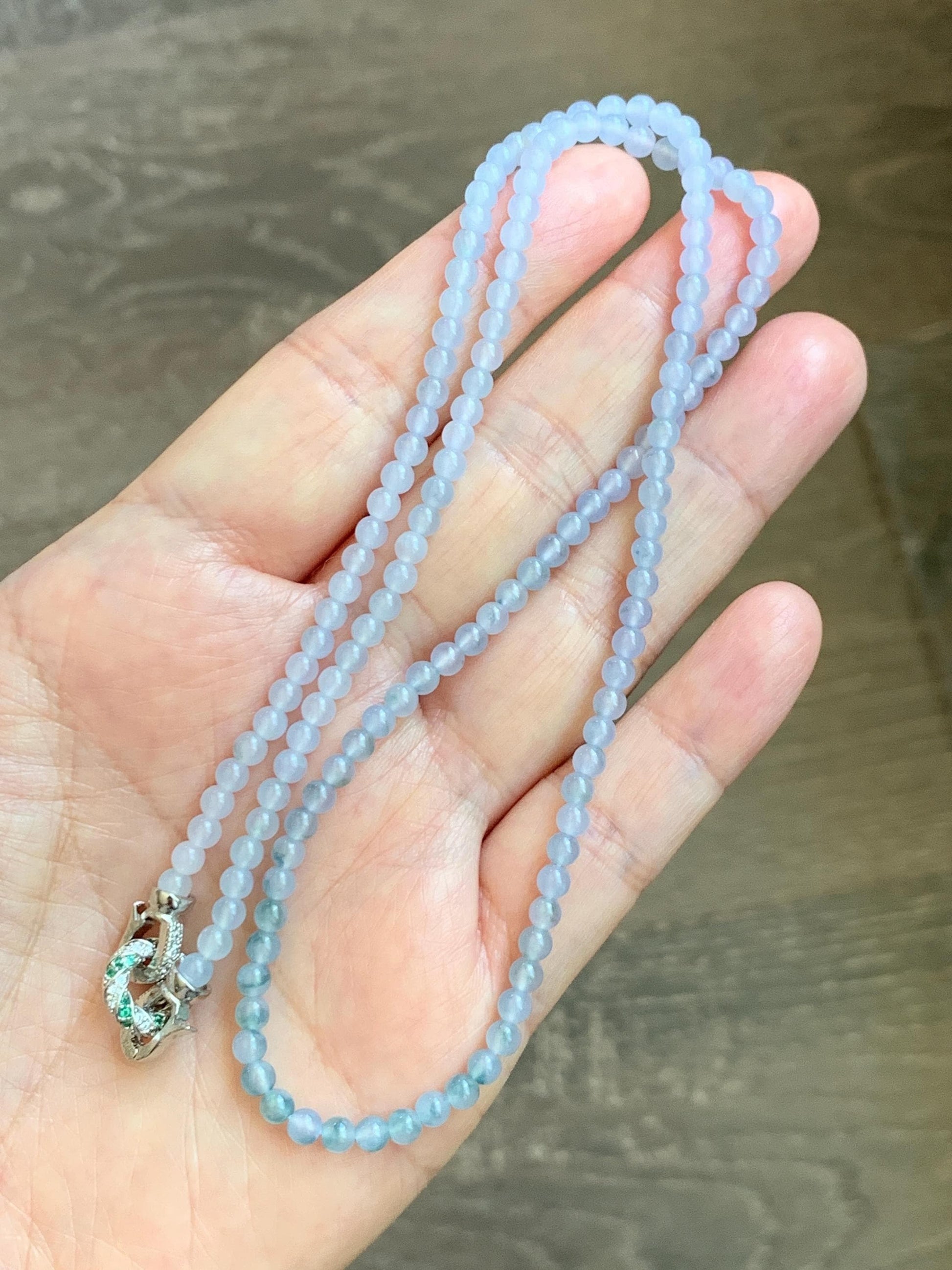 Certified Grade A Natural Icy Translucent Pastel Purple Teal Green Marbled Jade Jadeite Petite Beaded Necklace 3.5mm 19.75” 天然冰胶浅紫翡翠圆珠项链 468