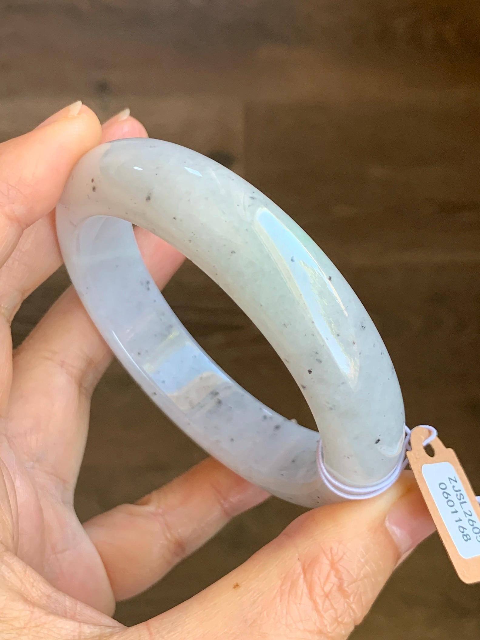 Certified Grade A Natural Icy Translucent White Green Marbled Jade Jadeite Wide Bangle Bracelet 56.38mm 6.97" 99.5g 天然冰胶白乌飘绿翡翠轮胎手镯 1168
