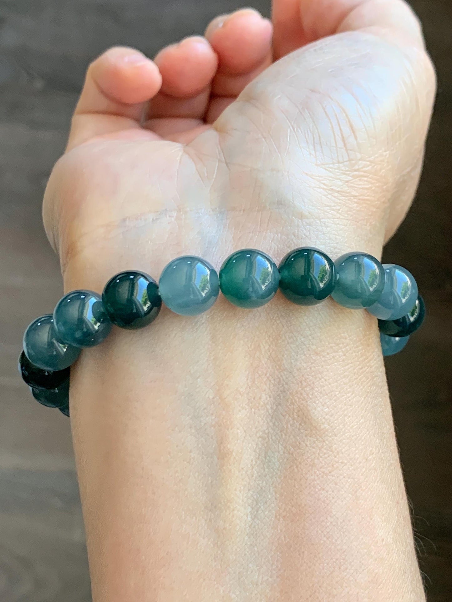 Natural Grade A Guatemalan Icy Translucent Multicolored Teal Jade Jadeite Beaded Bracelet 9.7mm 7” 32g 天然冰危蓝水多宝翡翠手串 WDB330