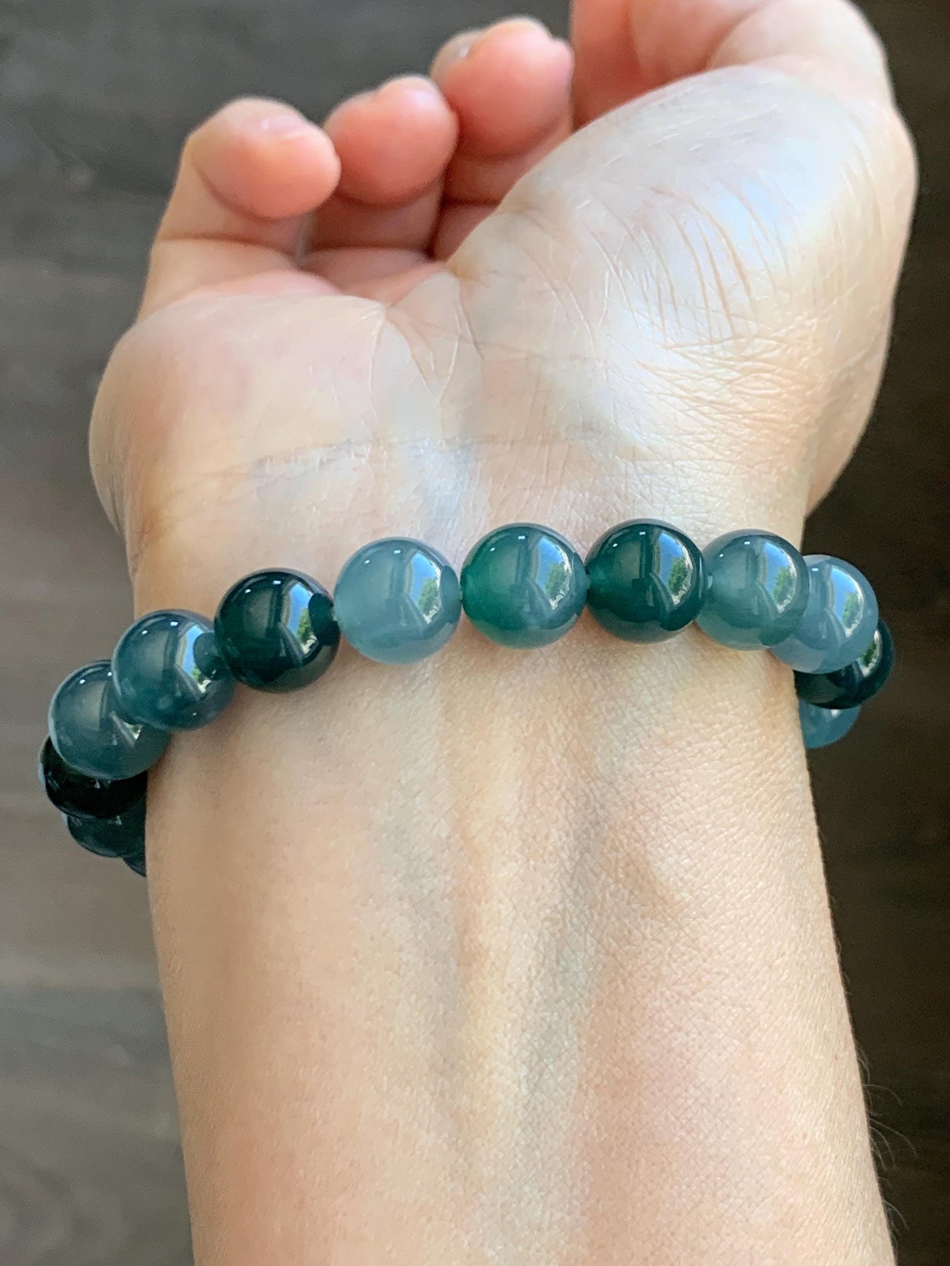 Natural Grade A Guatemalan Icy Translucent Multicolored Teal Jade Jadeite Beaded Bracelet 9.7mm 7” 32g 天然冰危蓝水多宝翡翠手串 WDB330