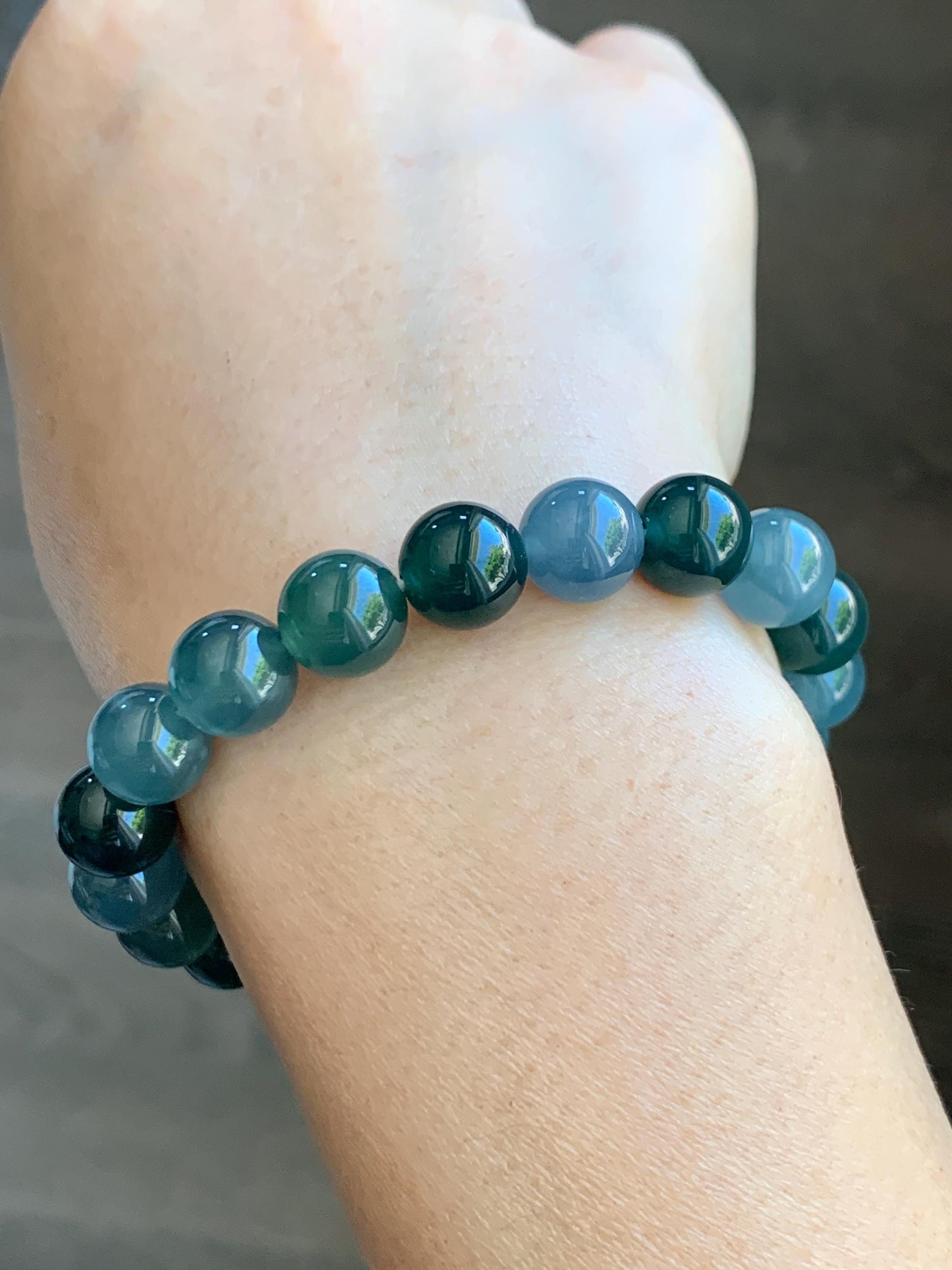Natural Grade A Guatemalan Icy Translucent Multicolored Teal Jade Jadeite Beaded Bracelet 9.7mm 7” 32g 天然冰危蓝水多宝翡翠手串 WDB330