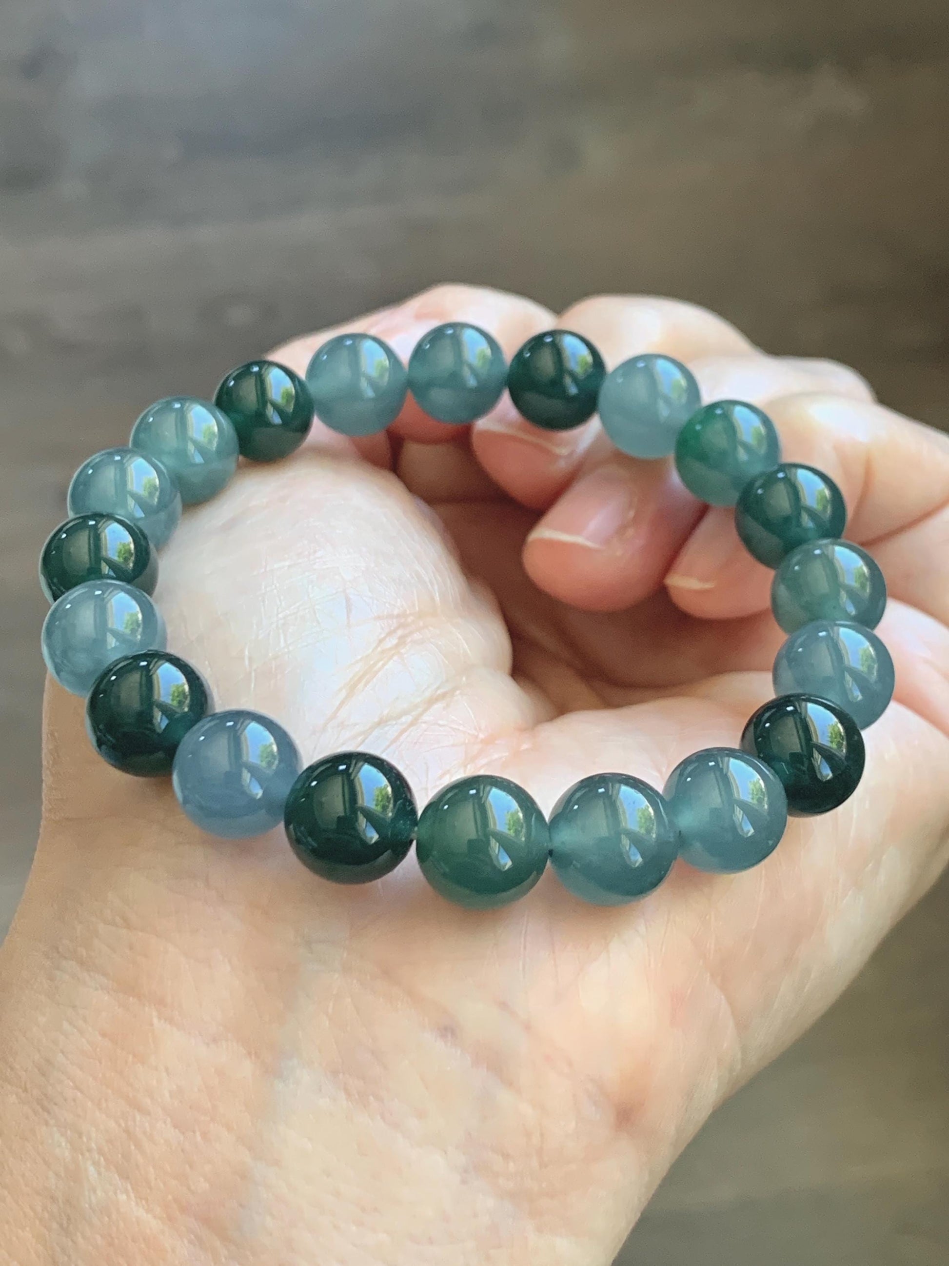 Natural Grade A Guatemalan Icy Translucent Multicolored Teal Jade Jadeite Beaded Bracelet 9.7mm 7” 32g 天然冰危蓝水多宝翡翠手串 WDB330