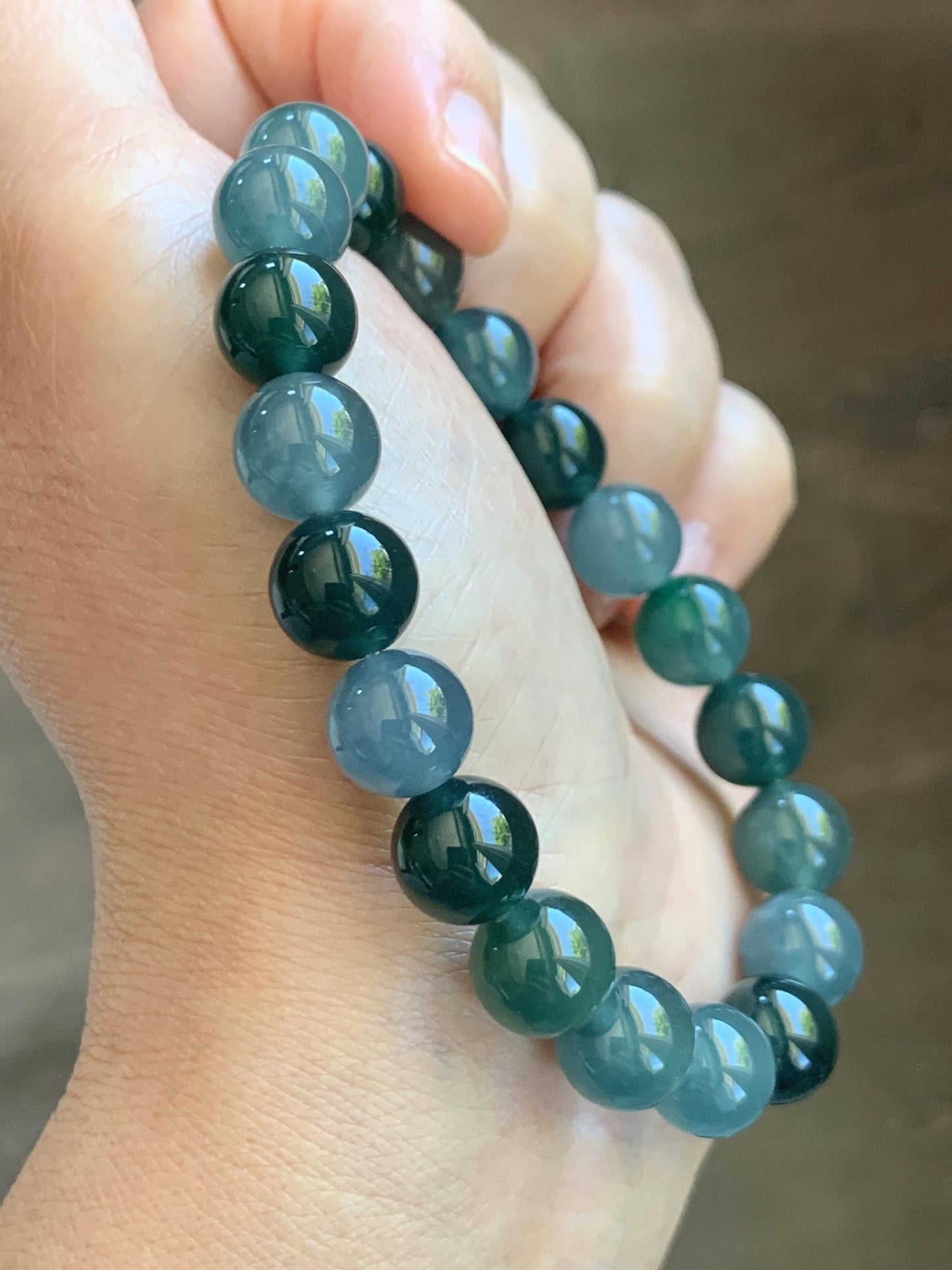 Natural Grade A Guatemalan Icy Translucent Multicolored Teal Jade Jadeite Beaded Bracelet 9.7mm 7” 32g 天然冰危蓝水多宝翡翠手串 WDB330