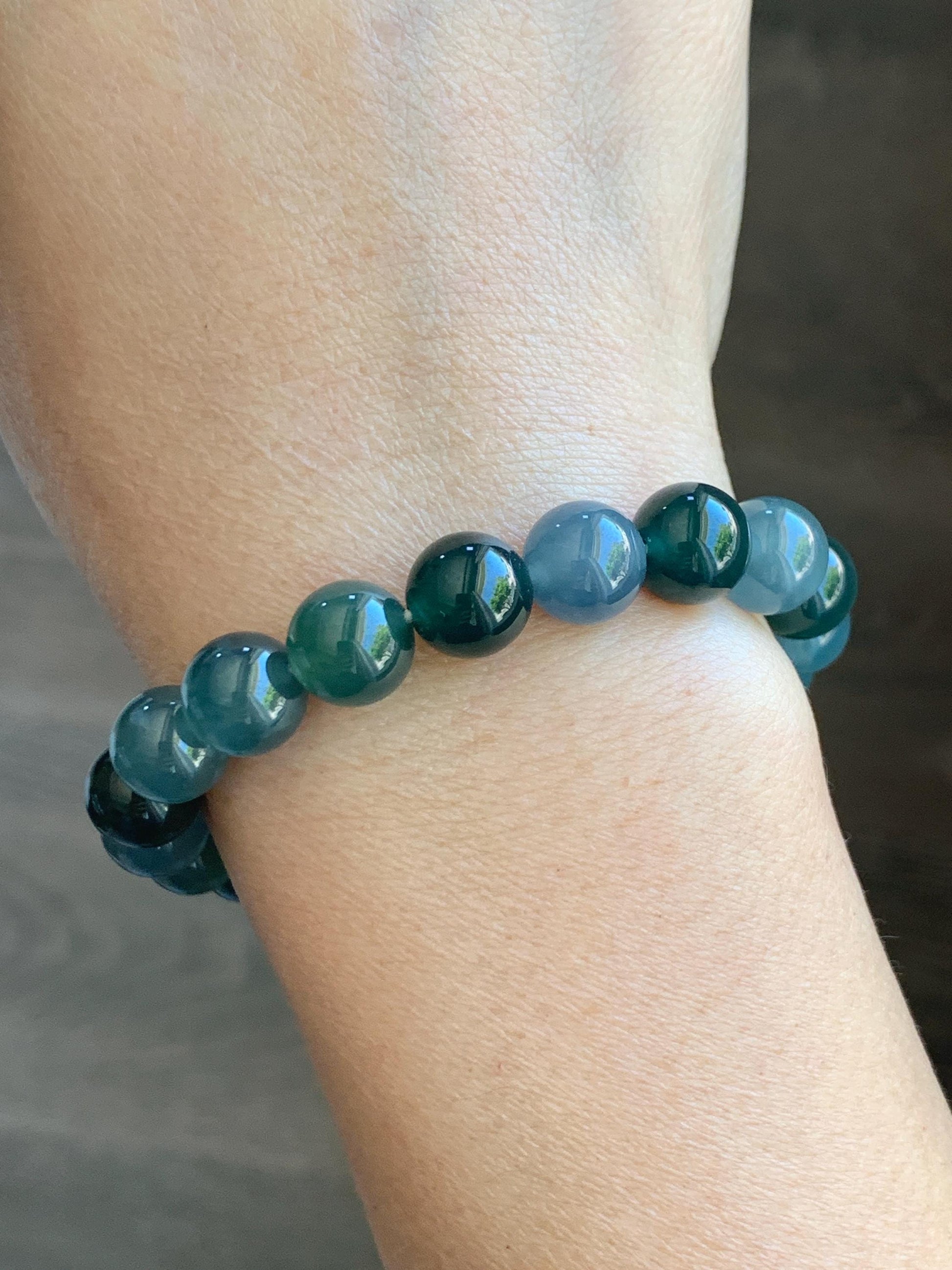 Natural Grade A Guatemalan Icy Translucent Multicolored Teal Jade Jadeite Beaded Bracelet 9.7mm 7” 32g 天然冰危蓝水多宝翡翠手串 WDB330