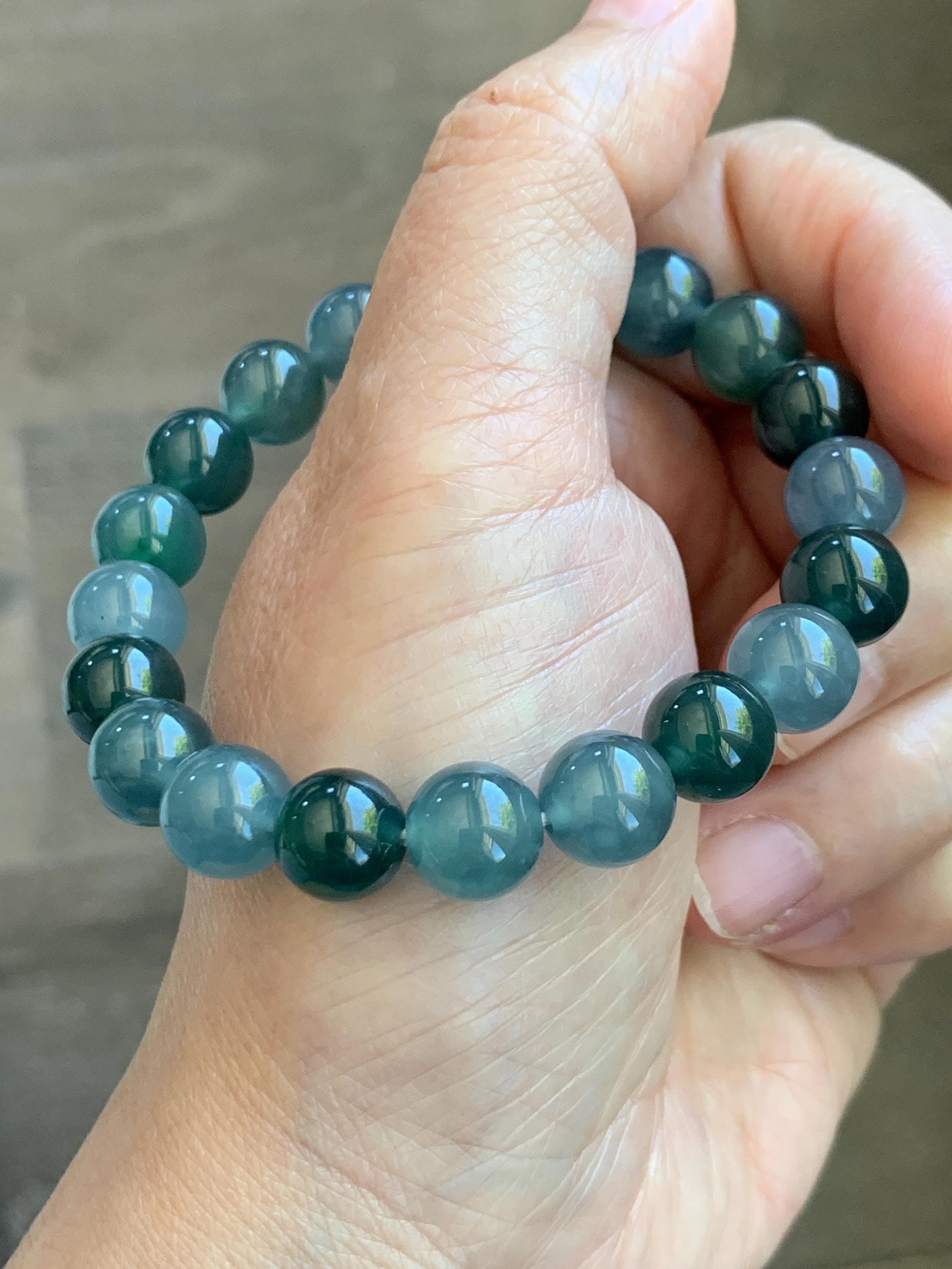 Natural Grade A Guatemalan Icy Translucent Multicolored Teal Jade Jadeite Beaded Bracelet 9.7mm 7” 32g 天然冰危蓝水多宝翡翠手串 WDB330