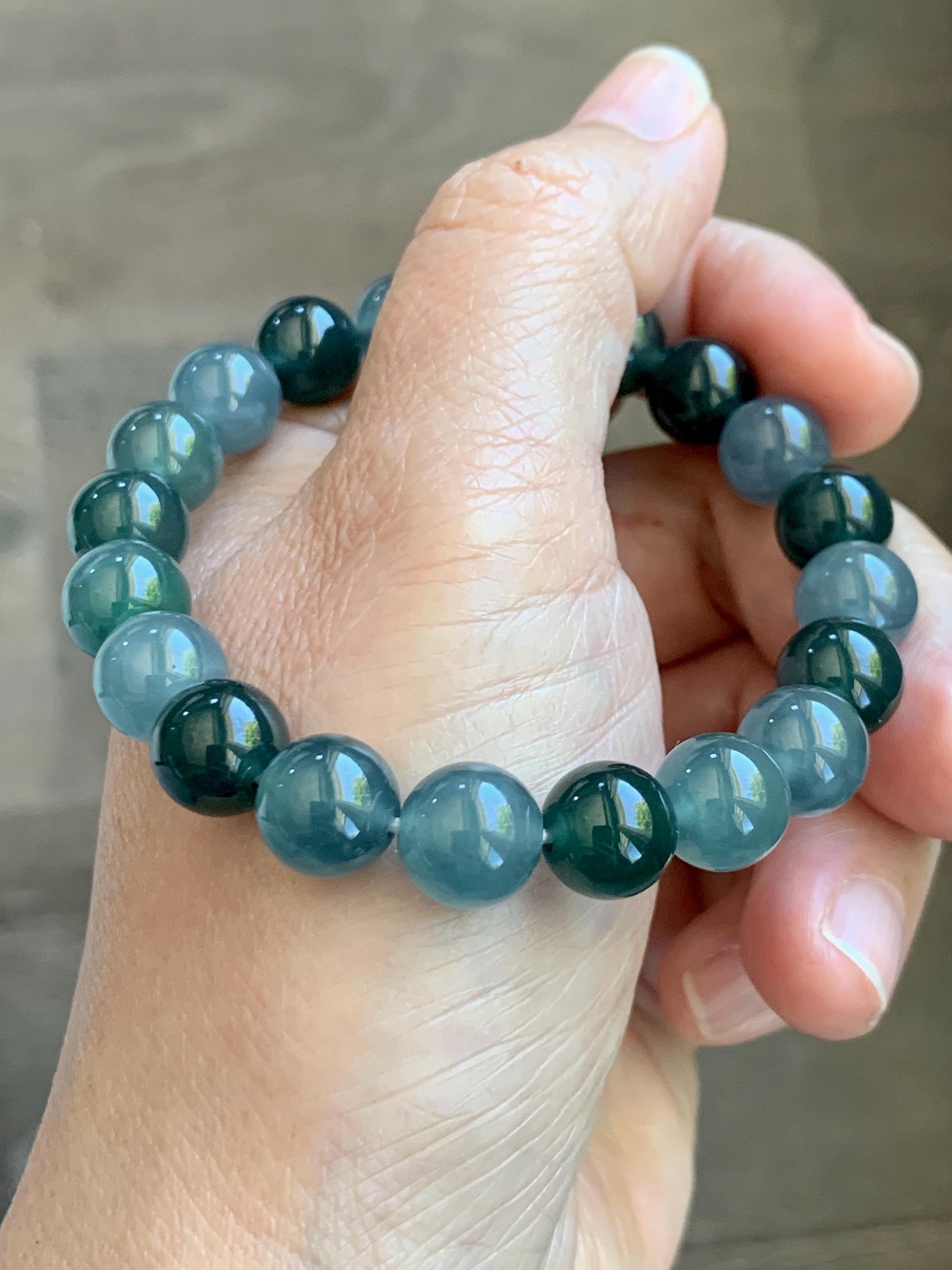 Natural Grade A Guatemalan Icy Translucent Multicolored Teal Jade Jadeite Beaded Bracelet 9.7mm 7” 32g 天然冰危蓝水多宝翡翠手串 WDB330