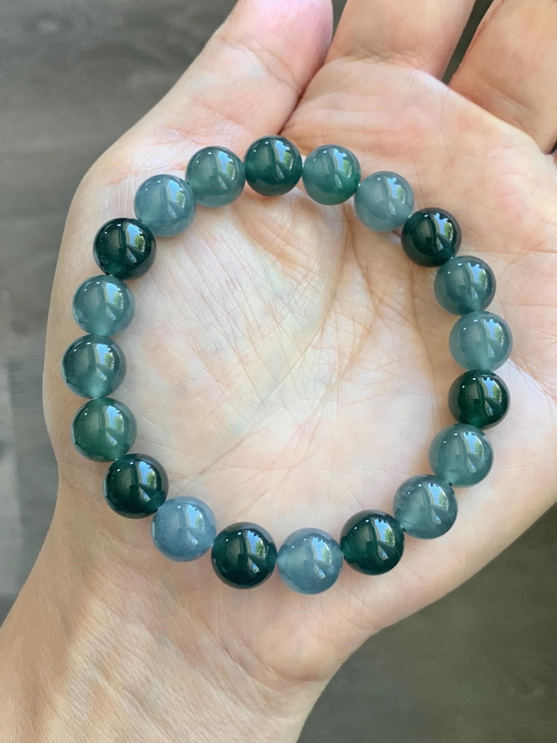 Natural Grade A Guatemalan Icy Translucent Multicolored Teal Jade Jadeite Beaded Bracelet 9.7mm 7” 32g 天然冰危蓝水多宝翡翠手串 WDB330