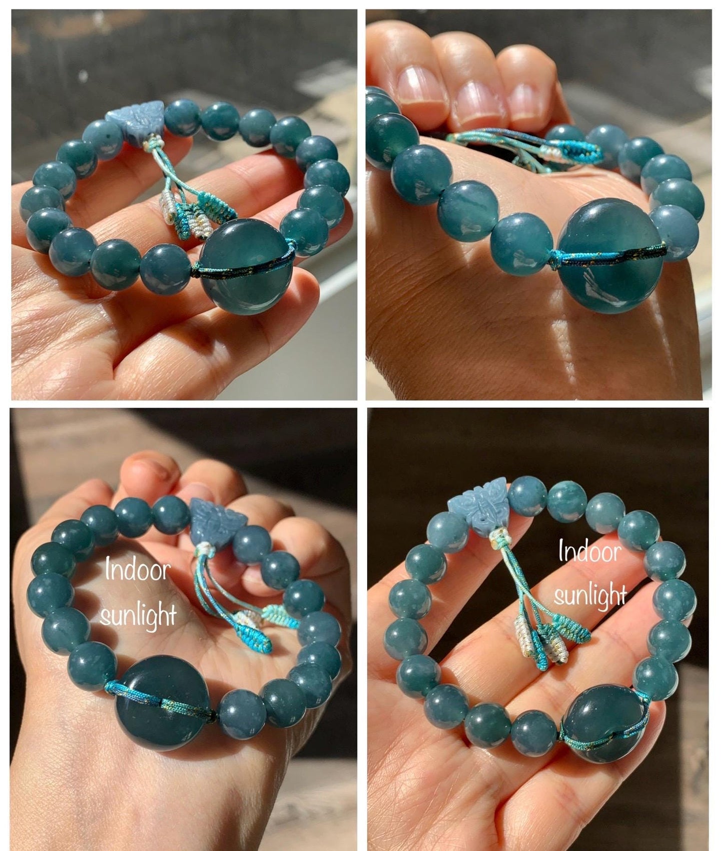 Natural Grade A Guatemalan Icy Translucent Dark Teal Blue Jade Jadeite Ping An Kou Donut Beaded Bracelet 7.25" 36g 天然冰胶危蓝水翡翠厚平安扣圆珠手串 WHK418