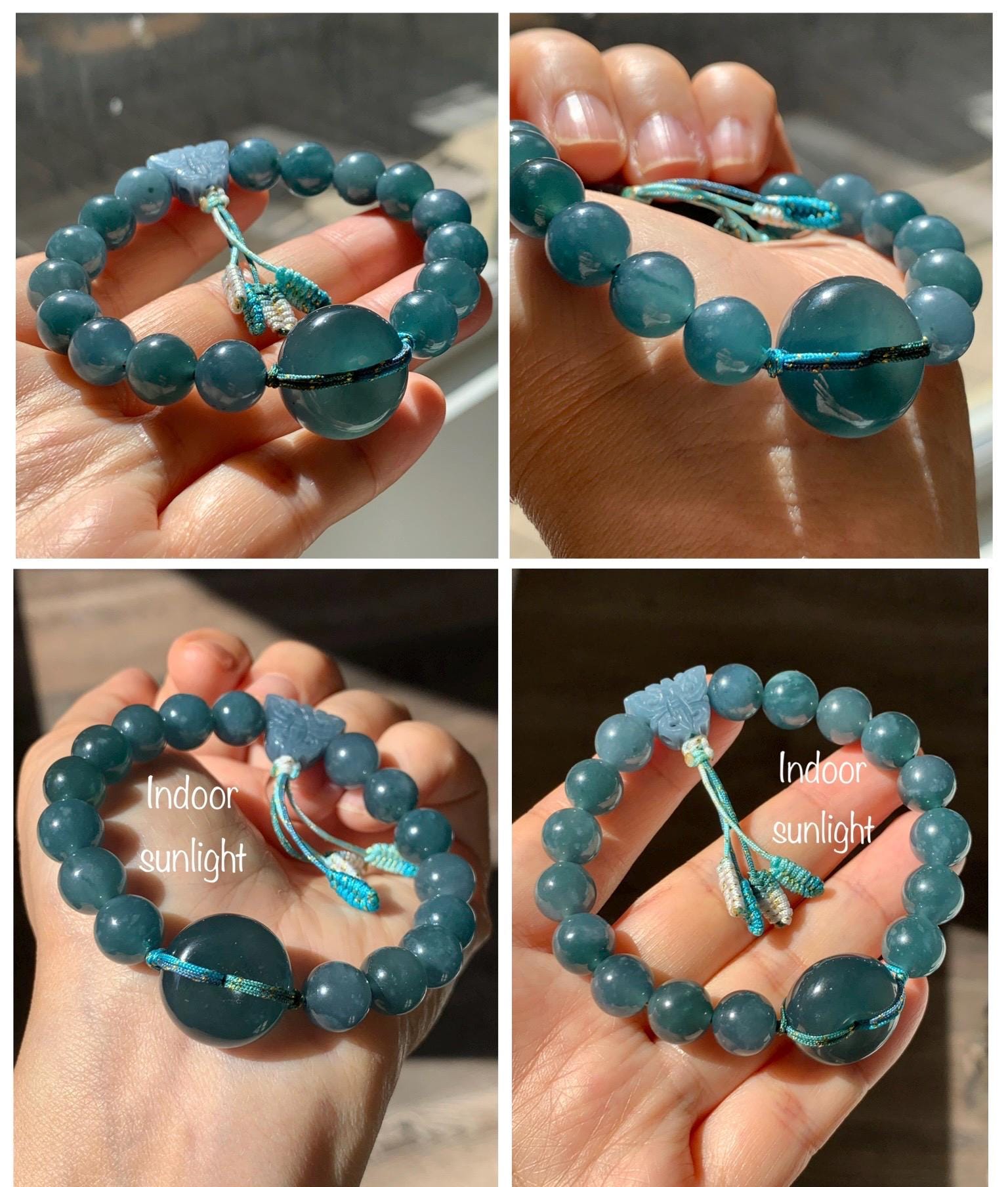 Natural Grade A Guatemalan Icy Translucent Dark Teal Blue Jade Jadeite Ping An Kou Donut Beaded Bracelet 7.25" 36g 天然冰胶危蓝水翡翠厚平安扣圆珠手串 WHK418
