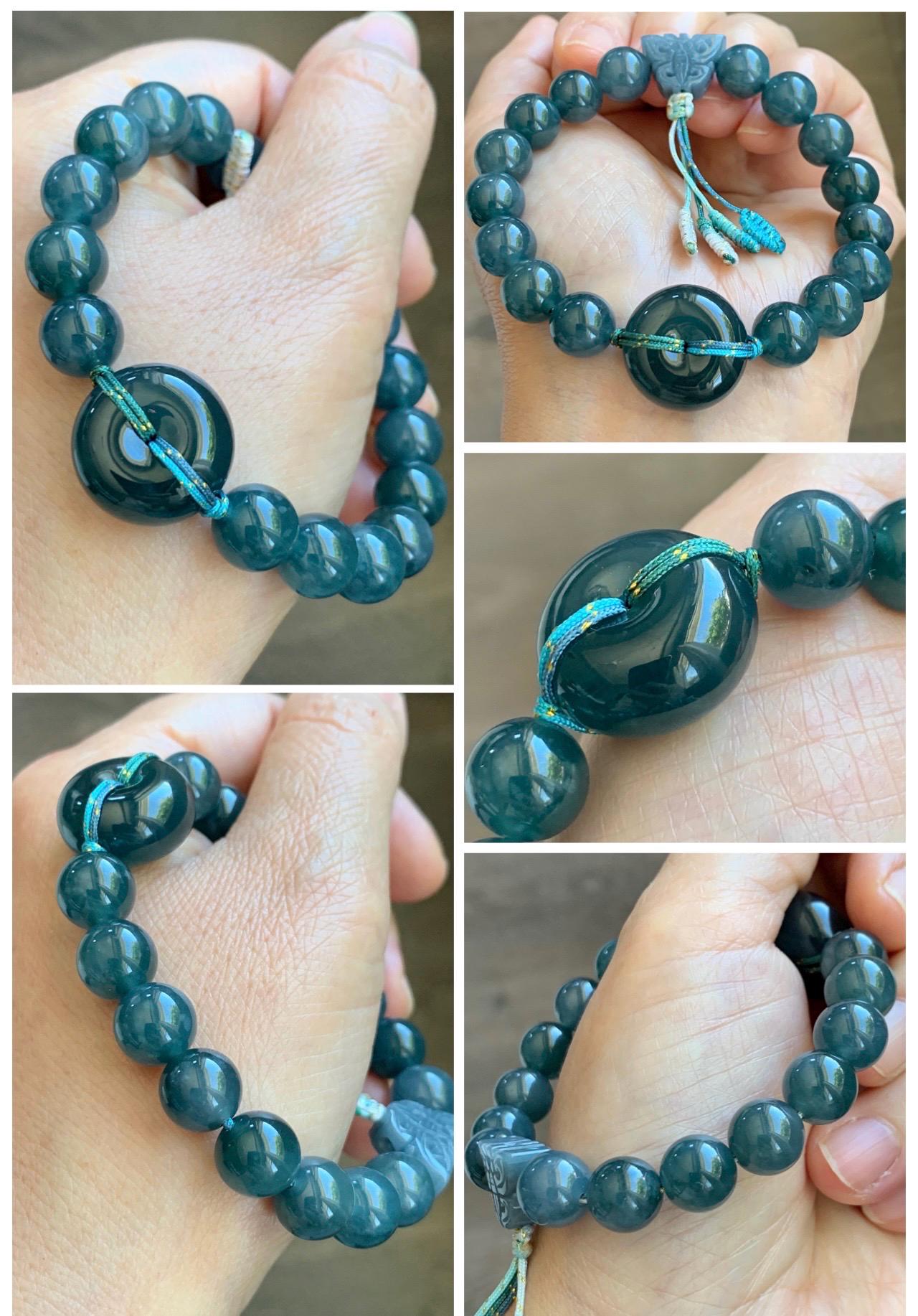 Natural Grade A Guatemalan Icy Translucent Dark Teal Blue Jade Jadeite Ping An Kou Donut Beaded Bracelet 7.25" 36g 天然冰胶危蓝水翡翠厚平安扣圆珠手串 WHK418