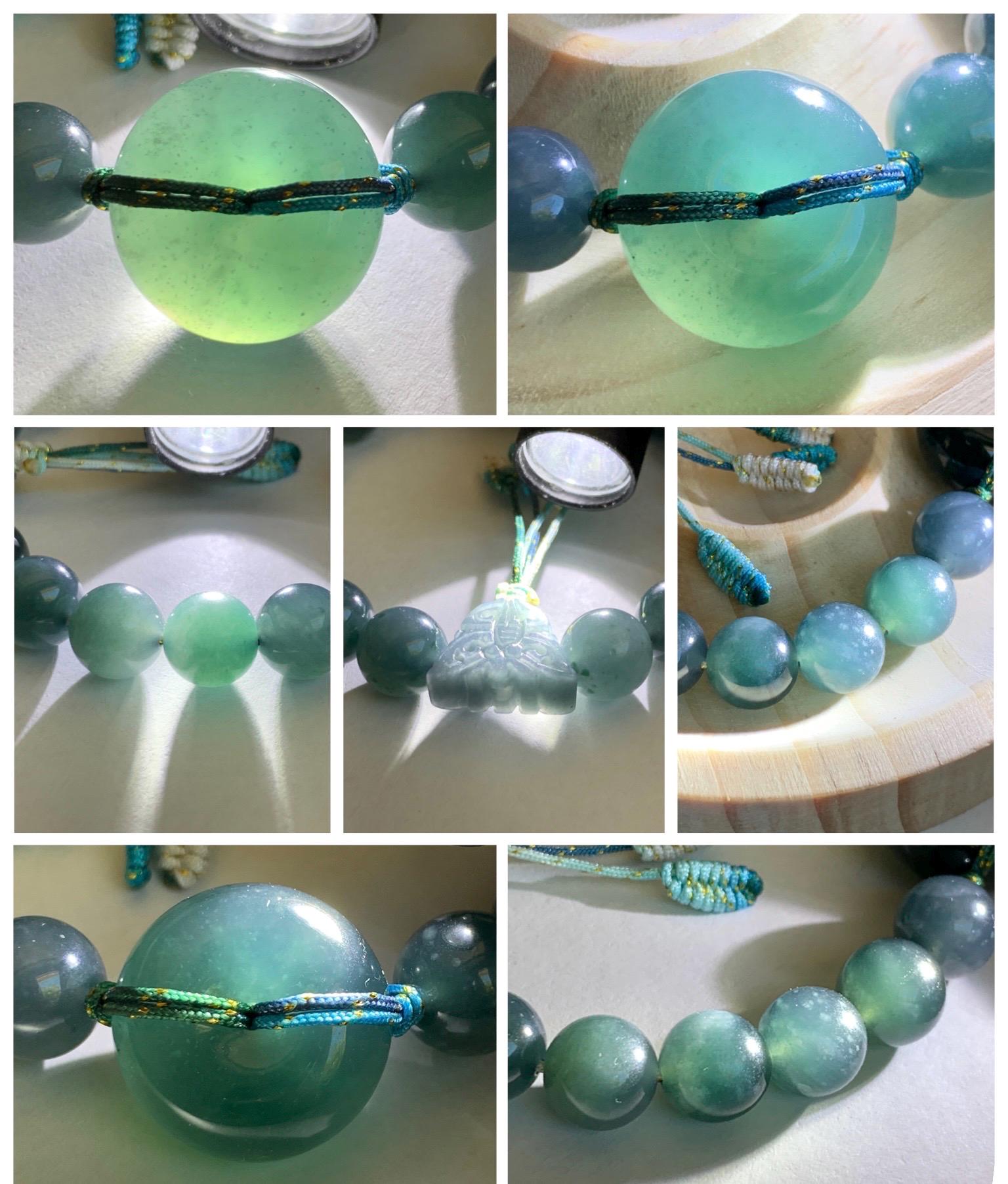 Natural Grade A Guatemalan Icy Translucent Dark Teal Blue Jade Jadeite Ping An Kou Donut Beaded Bracelet 7.25" 36g 天然冰胶危蓝水翡翠厚平安扣圆珠手串 WHK418