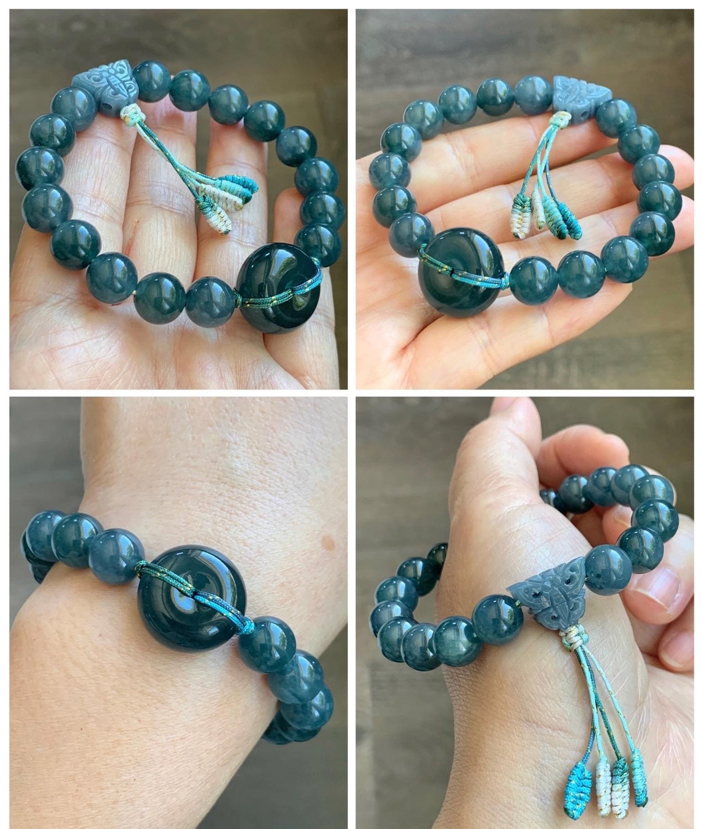 Natural Grade A Guatemalan Icy Translucent Dark Teal Blue Jade Jadeite Ping An Kou Donut Beaded Bracelet 7.25" 36g 天然冰胶危蓝水翡翠厚平安扣圆珠手串 WHK418