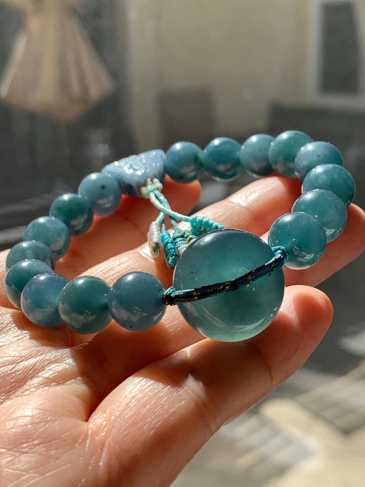 Natural Grade A Guatemalan Icy Translucent Dark Teal Blue Jade Jadeite Ping An Kou Donut Beaded Bracelet 7.25" 36g 天然冰胶危蓝水翡翠厚平安扣圆珠手串 WHK418