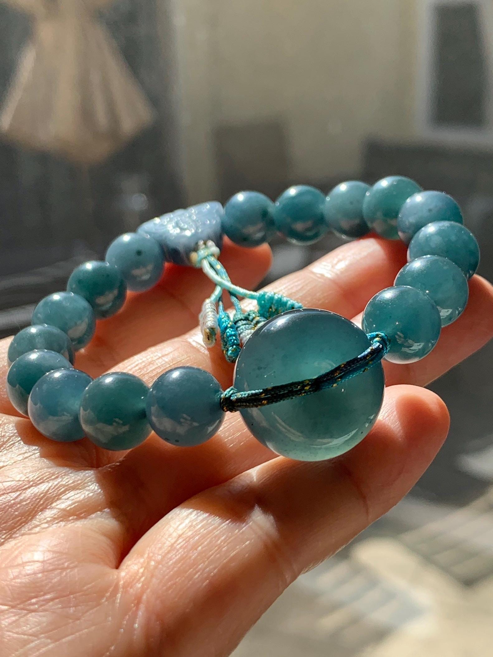 Natural Grade A Guatemalan Icy Translucent Dark Teal Blue Jade Jadeite Ping An Kou Donut Beaded Bracelet 7.25" 36g 天然冰胶危蓝水翡翠厚平安扣圆珠手串 WHK418