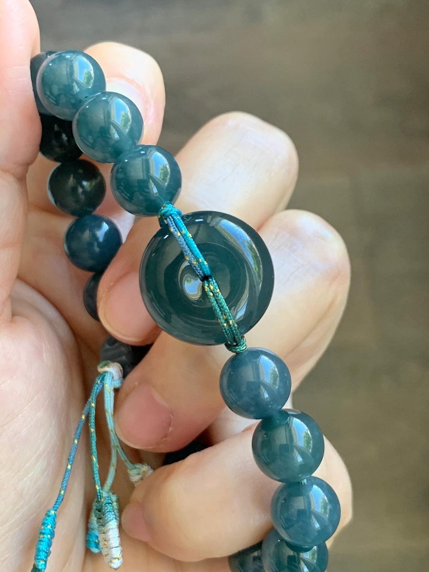 Natural Grade A Guatemalan Icy Translucent Dark Teal Blue Jade Jadeite Ping An Kou Donut Beaded Bracelet 7.25" 36g 天然冰胶危蓝水翡翠厚平安扣圆珠手串 WHK418