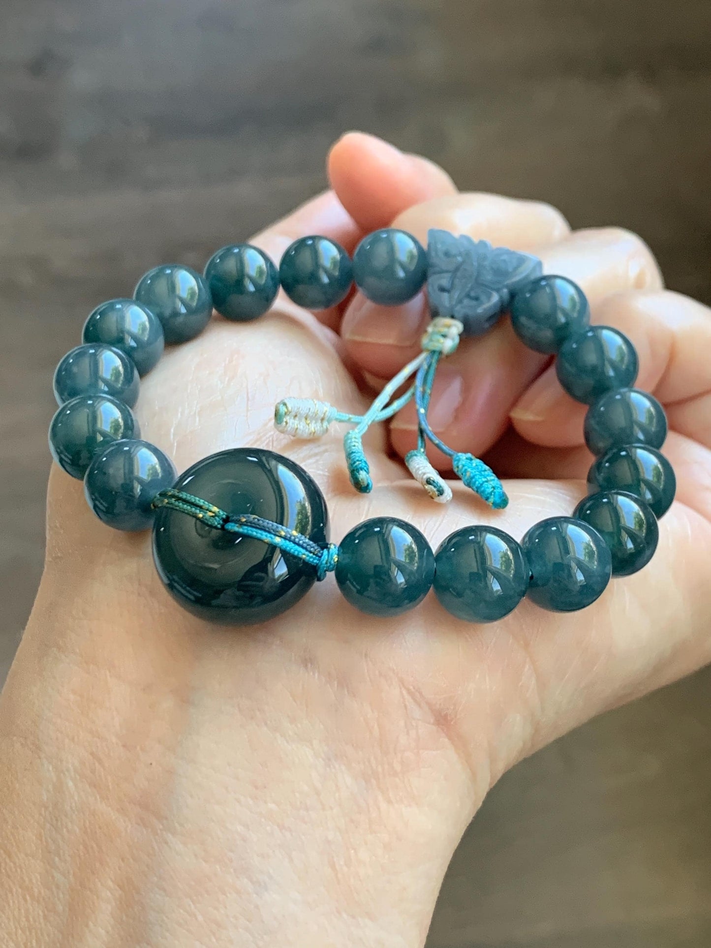 Natural Grade A Guatemalan Icy Translucent Dark Teal Blue Jade Jadeite Ping An Kou Donut Beaded Bracelet 7.25" 36g 天然冰胶危蓝水翡翠厚平安扣圆珠手串 WHK418