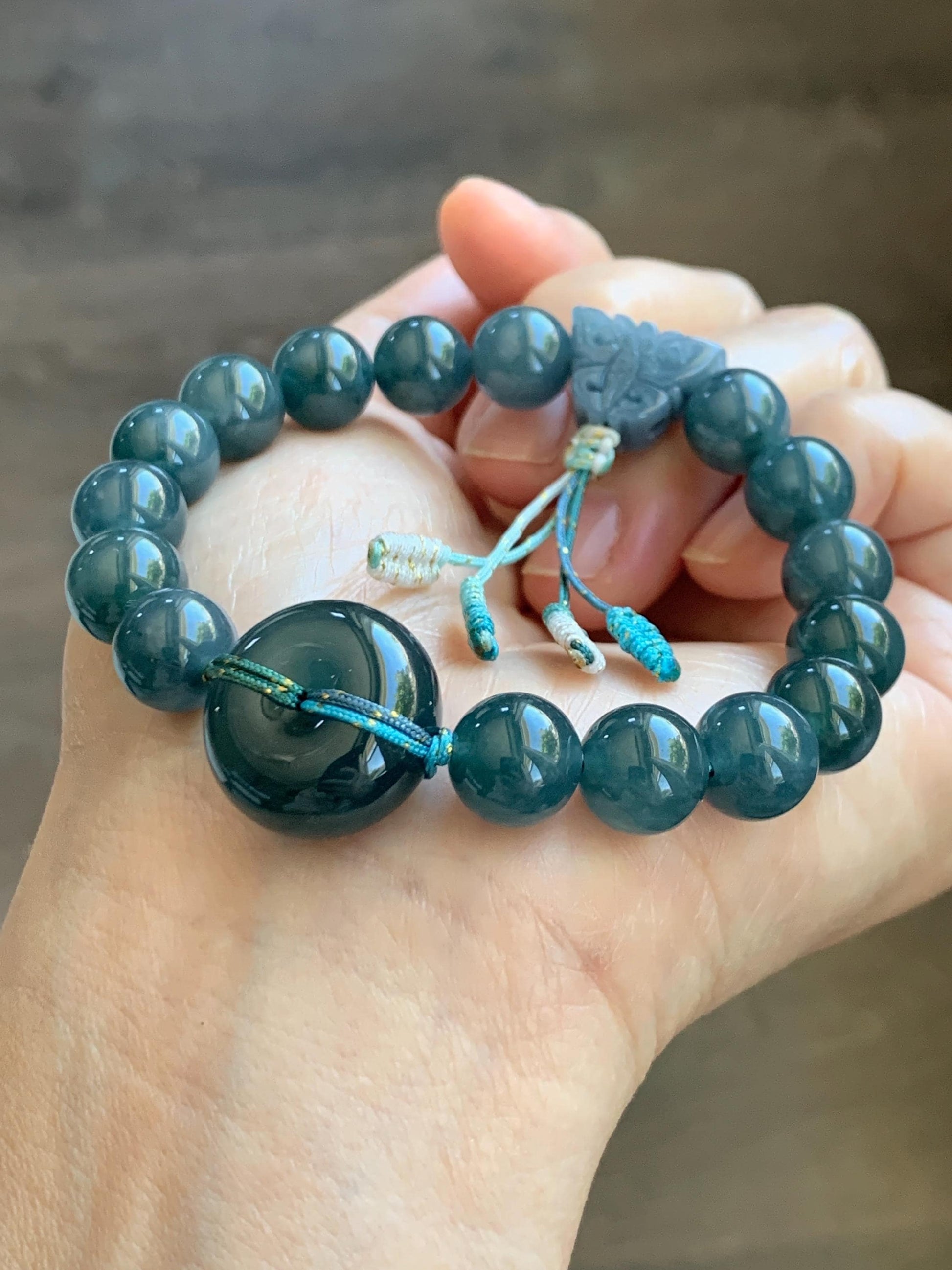 Natural Grade A Guatemalan Icy Translucent Dark Teal Blue Jade Jadeite Ping An Kou Donut Beaded Bracelet 7.25" 36g 天然冰胶危蓝水翡翠厚平安扣圆珠手串 WHK418