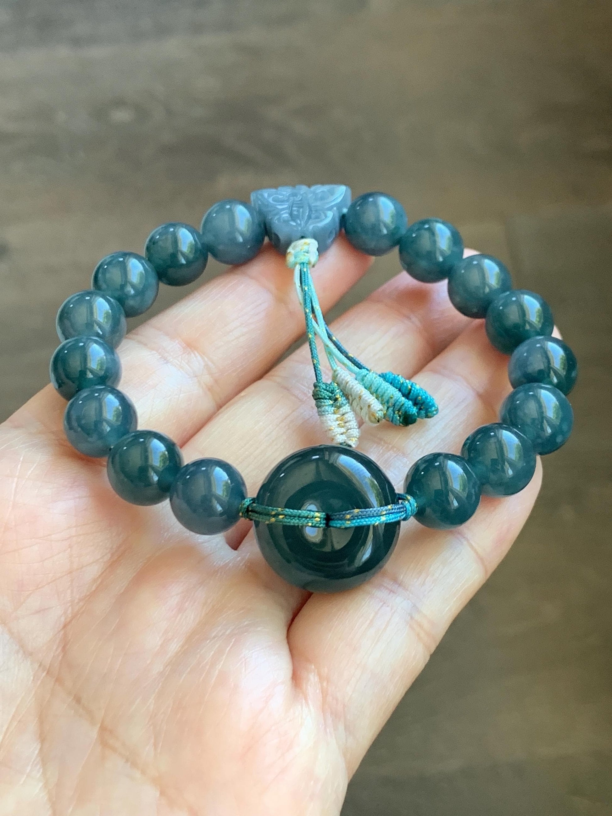 Natural Grade A Guatemalan Icy Translucent Dark Teal Blue Jade Jadeite Ping An Kou Donut Beaded Bracelet 7.25" 36g 天然冰胶危蓝水翡翠厚平安扣圆珠手串 WHK418