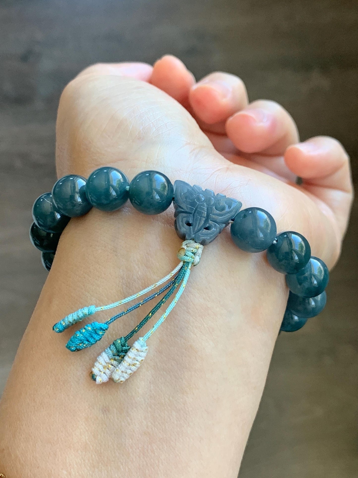 Natural Grade A Guatemalan Icy Translucent Dark Teal Blue Jade Jadeite Ping An Kou Donut Beaded Bracelet 7.25" 36g 天然冰胶危蓝水翡翠厚平安扣圆珠手串 WHK418