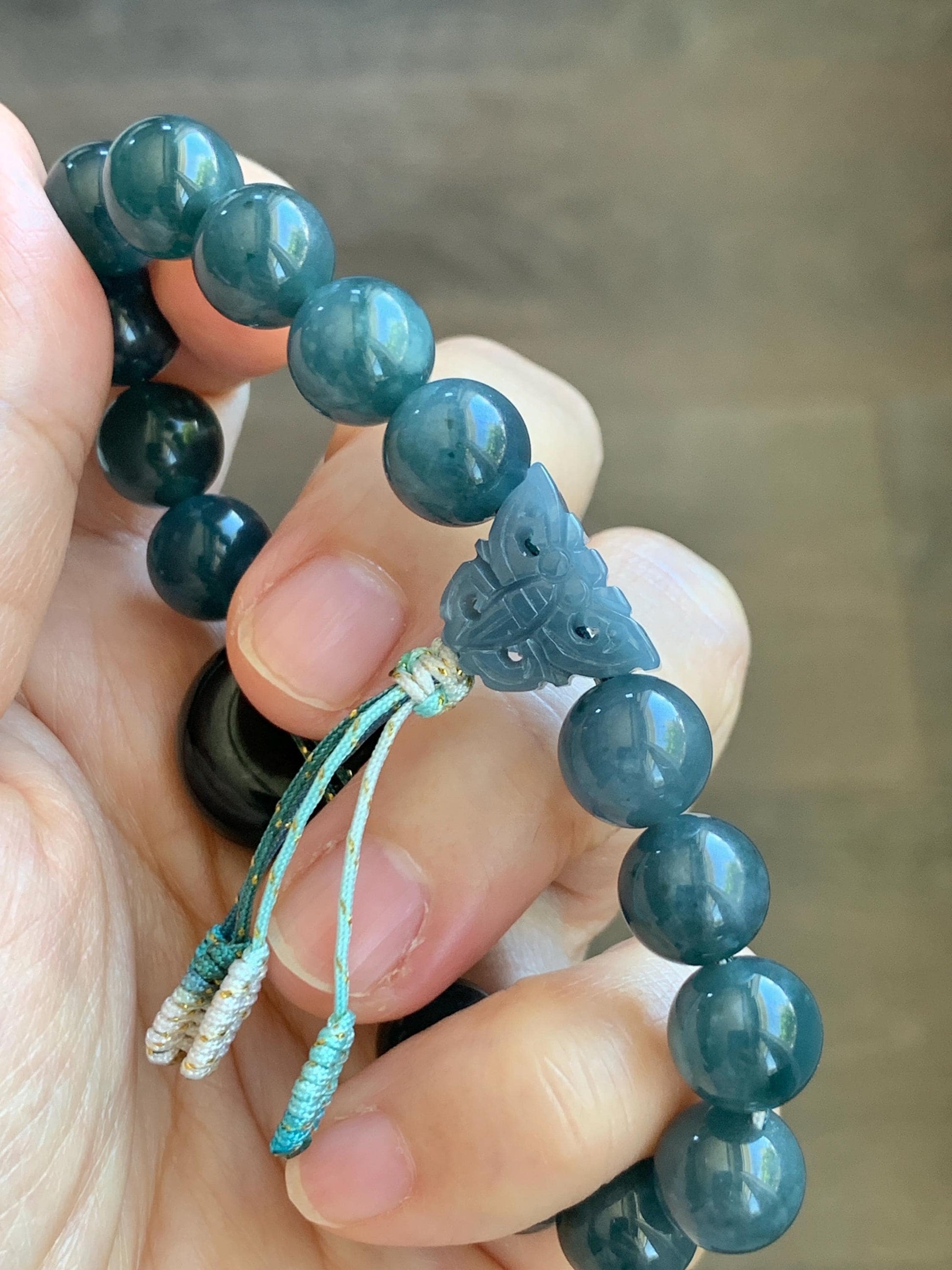 Natural Grade A Guatemalan Icy Translucent Dark Teal Blue Jade Jadeite Ping An Kou Donut Beaded Bracelet 7.25" 36g 天然冰胶危蓝水翡翠厚平安扣圆珠手串 WHK418