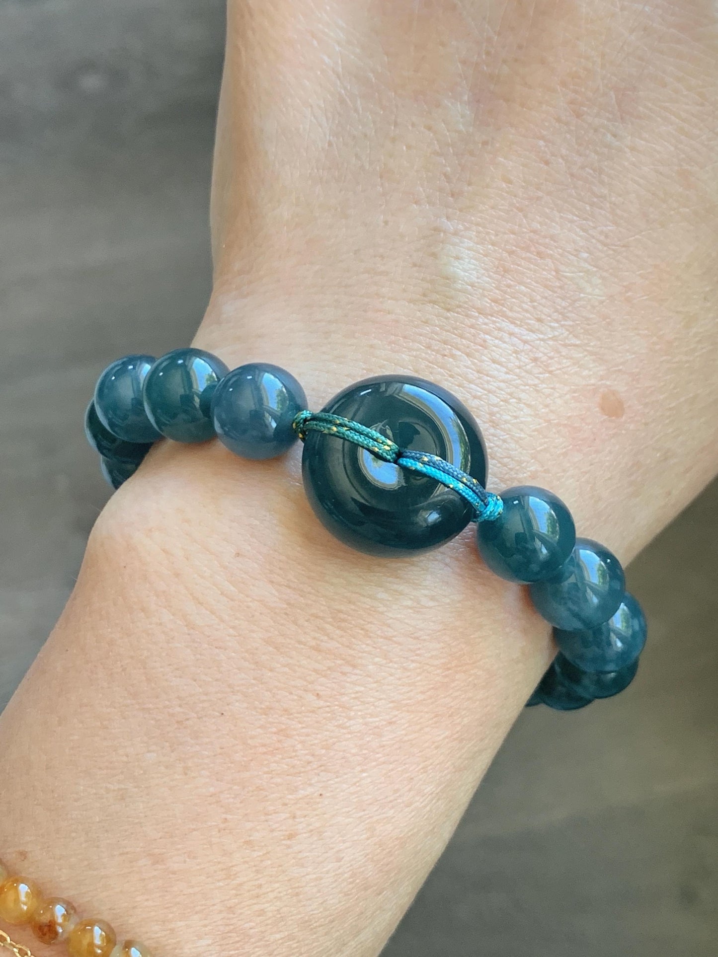 Natural Grade A Guatemalan Icy Translucent Dark Teal Blue Jade Jadeite Ping An Kou Donut Beaded Bracelet 7.25" 36g 天然冰胶危蓝水翡翠厚平安扣圆珠手串 WHK418