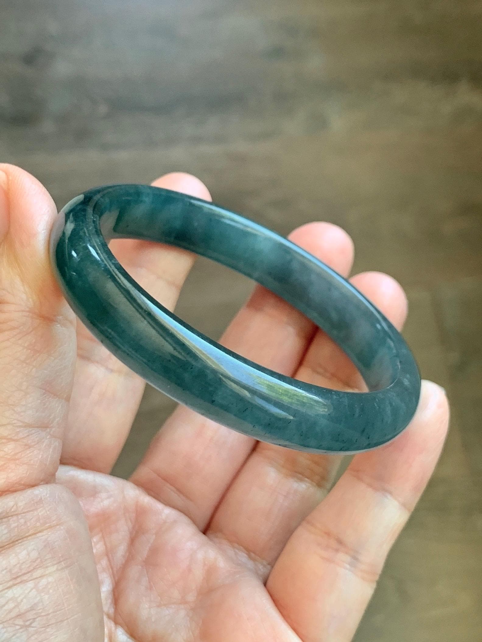 Certified Natural Grade A Guatemalan Icy Translucent Dark Teal Blue Wuji Jade Jadeite Wide Bangle 55.09mm 6.81” 36.9g 天然冰危深蓝绿翡翠正圈宽版手镯 1214